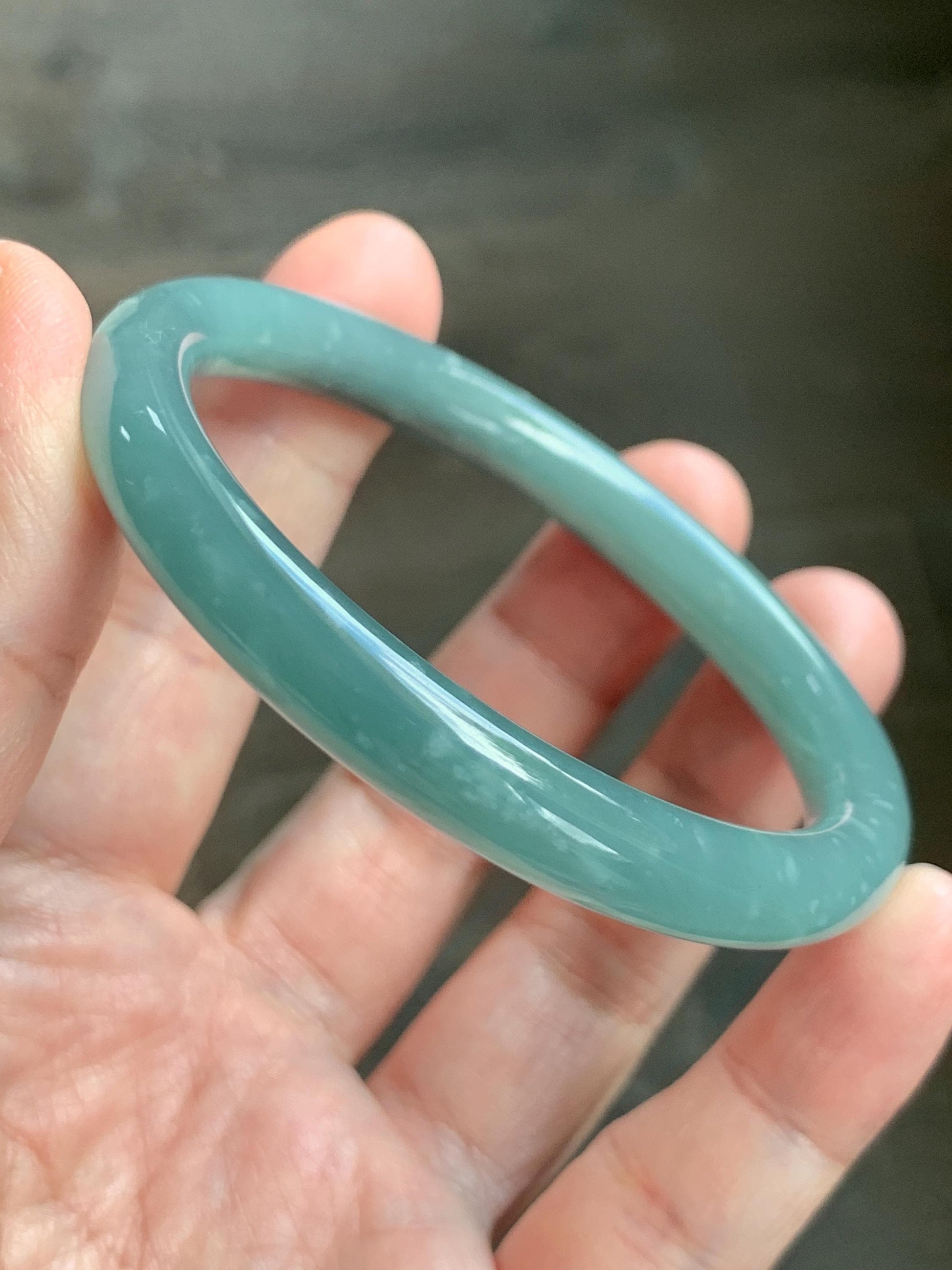 Certified Natural Grade A Guatemalan Icy Translucent Dusty Teal Green Wuji Jade Jadeite Bangle 55.5 6.86” 31g 天然冰危暗蓝绿乌鸡翡翠圆条手镯 1183