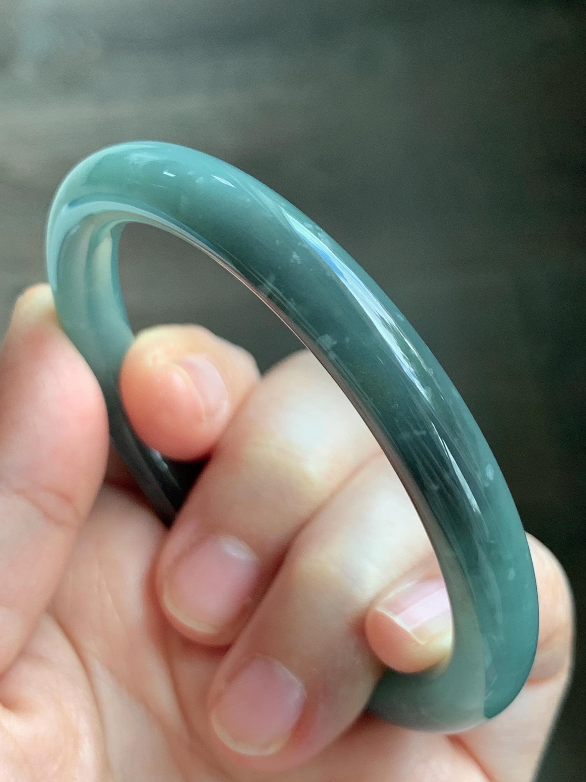Certified Natural Grade A Guatemalan Icy Translucent Dusty Teal Green Wuji Jade Jadeite Bangle 55.5 6.86” 31g 天然冰危暗蓝绿乌鸡翡翠圆条手镯 1183