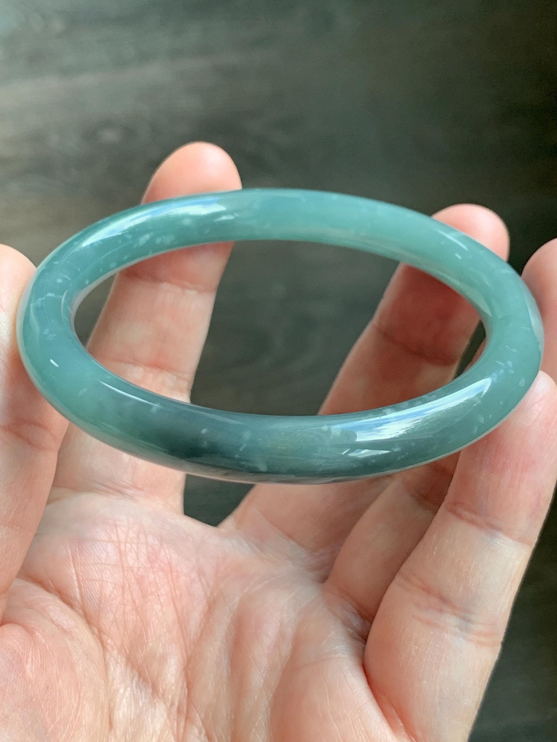 Certified Natural Grade A Guatemalan Icy Translucent Dusty Teal Green Wuji Jade Jadeite Bangle 55.5 6.86” 31g 天然冰危暗蓝绿乌鸡翡翠圆条手镯 1183