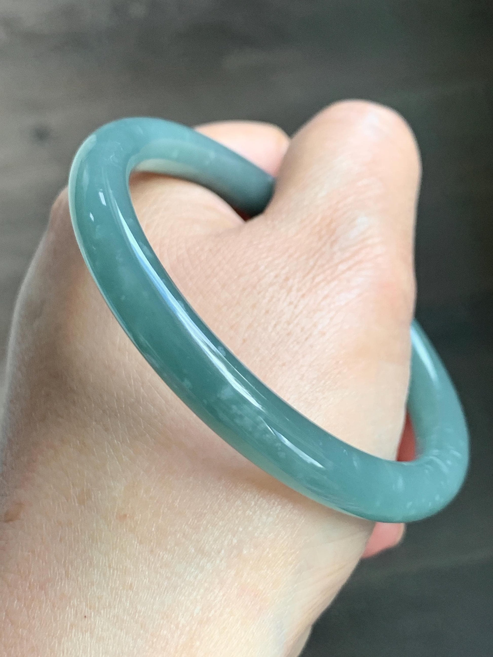 Certified Natural Grade A Guatemalan Icy Translucent Dusty Teal Green Wuji Jade Jadeite Bangle 55.5 6.86” 31g 天然冰危暗蓝绿乌鸡翡翠圆条手镯 1183