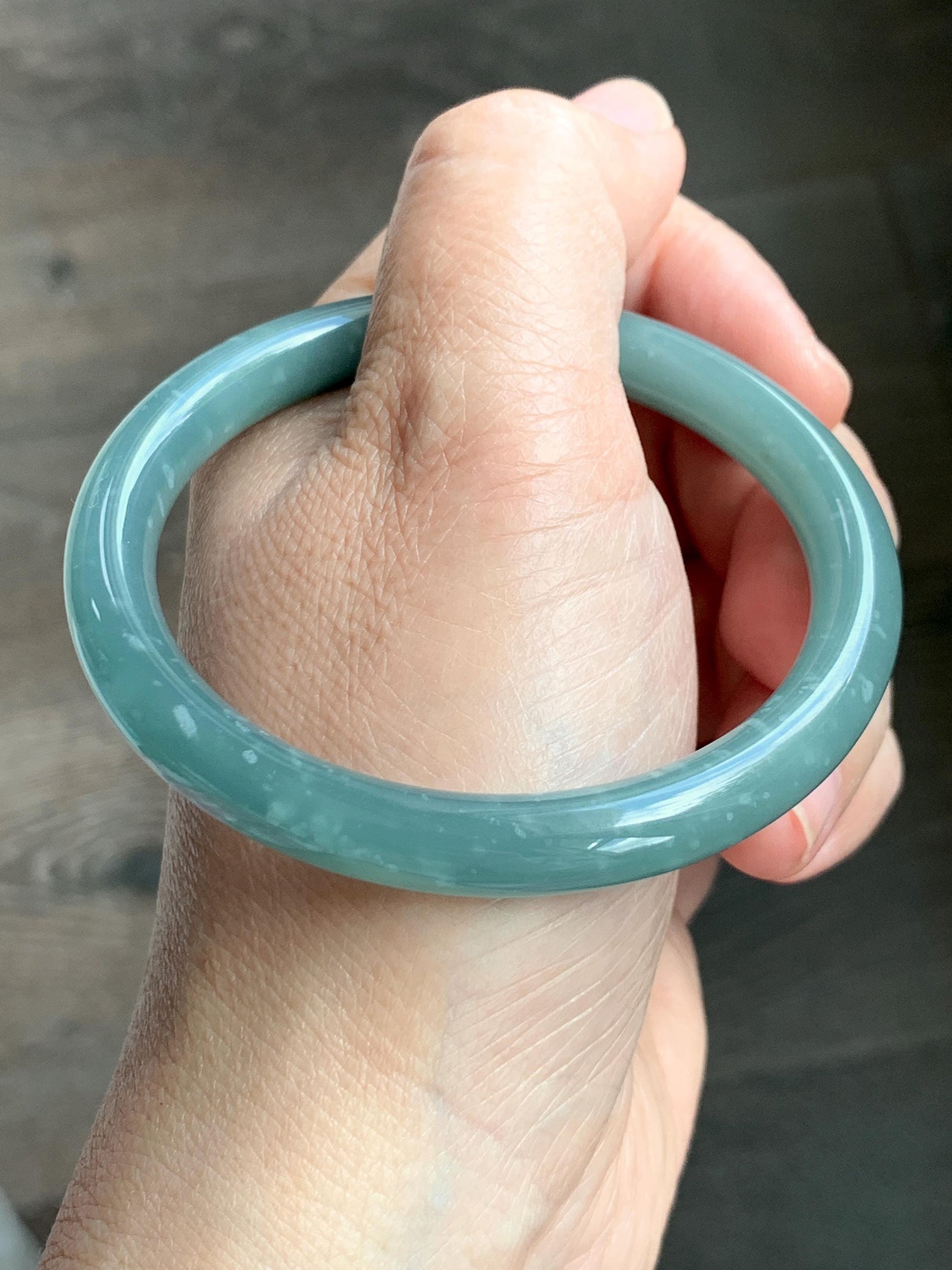 Certified Natural Grade A Guatemalan Icy Translucent Dusty Teal Green Wuji Jade Jadeite Bangle 55.5 6.86” 31g 天然冰危暗蓝绿乌鸡翡翠圆条手镯 1183