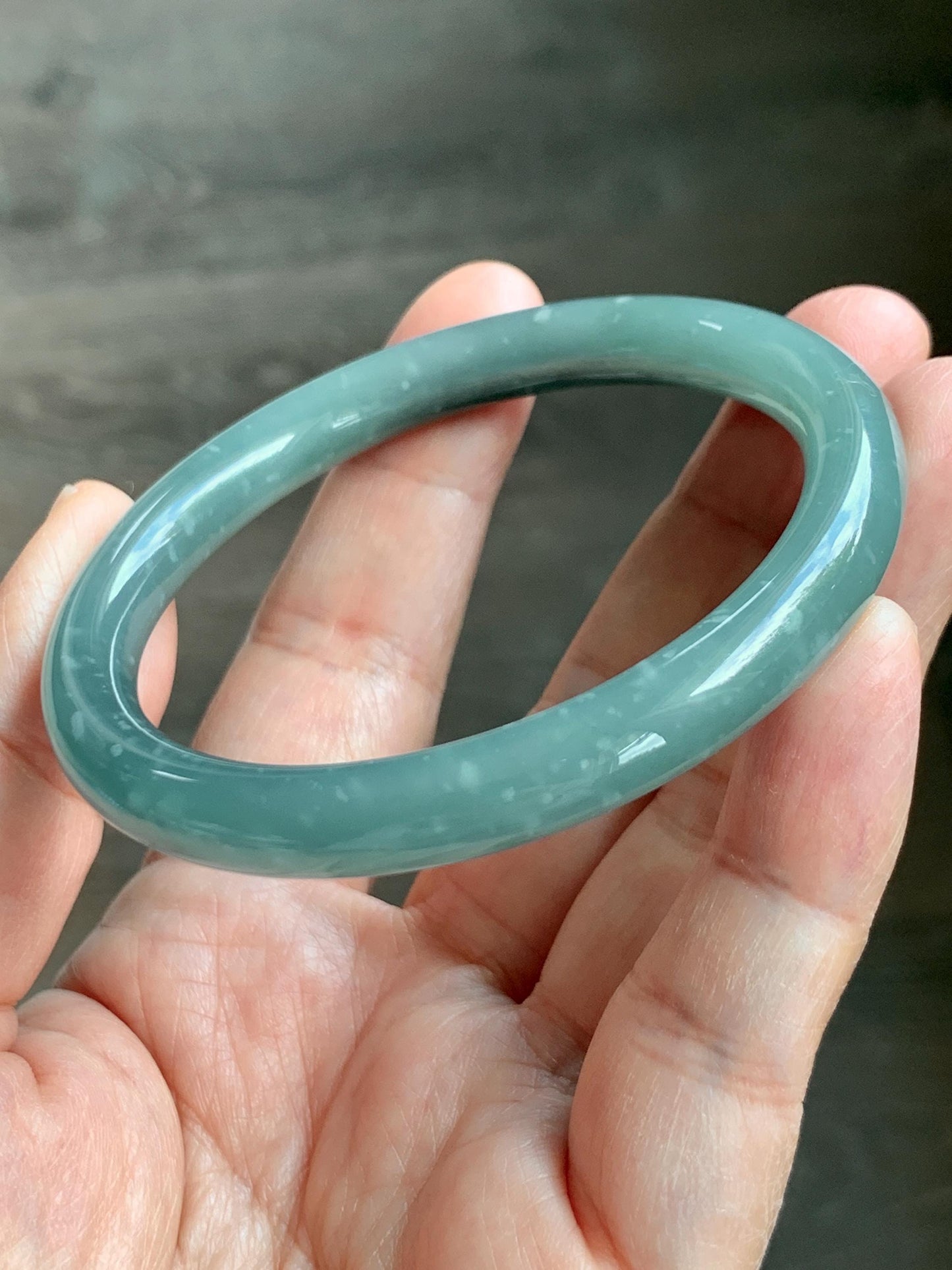 Certified Natural Grade A Guatemalan Icy Translucent Dusty Teal Green Wuji Jade Jadeite Bangle 55.5 6.86” 31g 天然冰危暗蓝绿乌鸡翡翠圆条手镯 1183