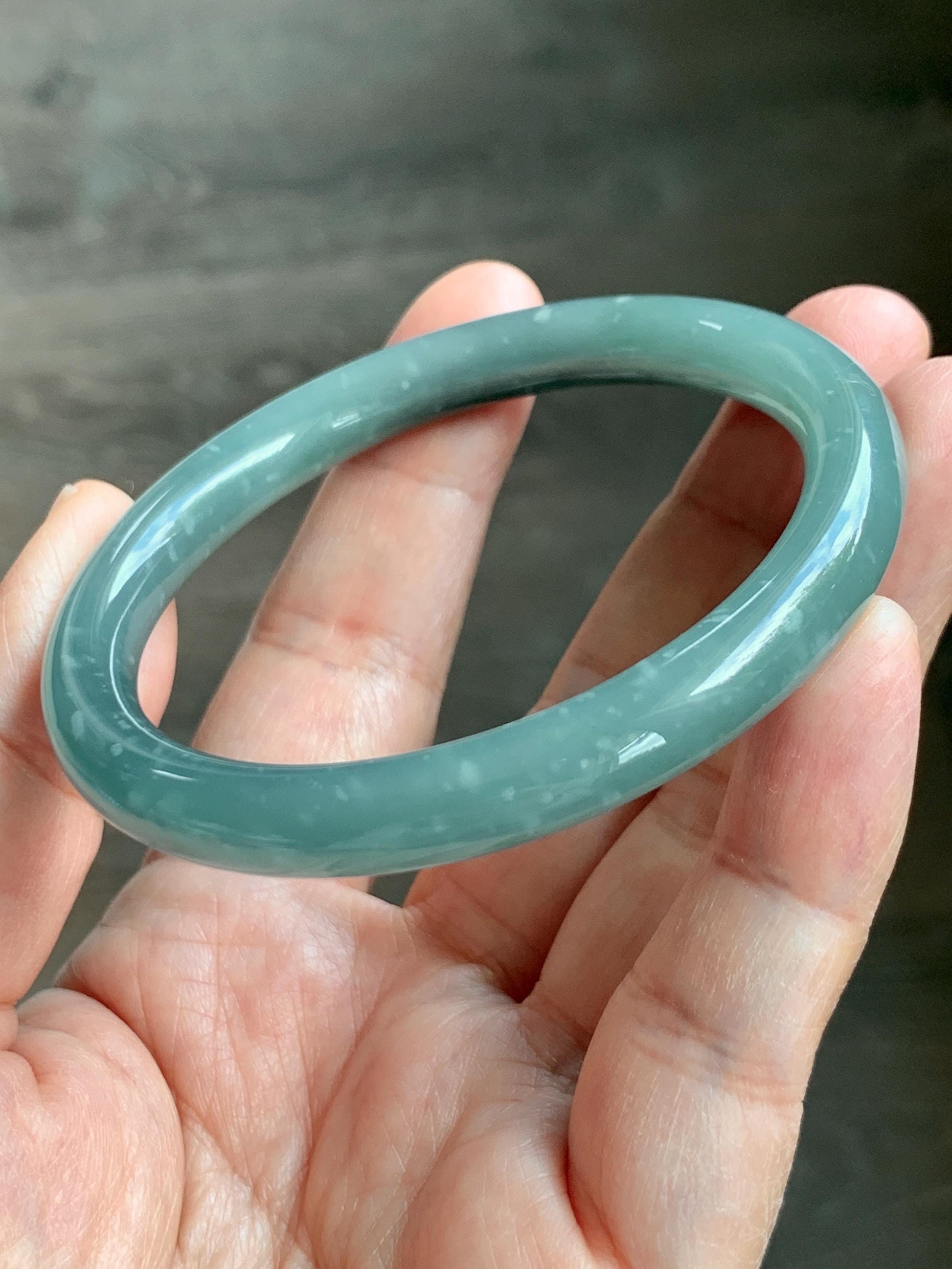 Certified Natural Grade A Guatemalan Icy Translucent Dusty Teal Green Wuji Jade Jadeite Bangle 55.5 6.86” 31g 天然冰危暗蓝绿乌鸡翡翠圆条手镯 1183
