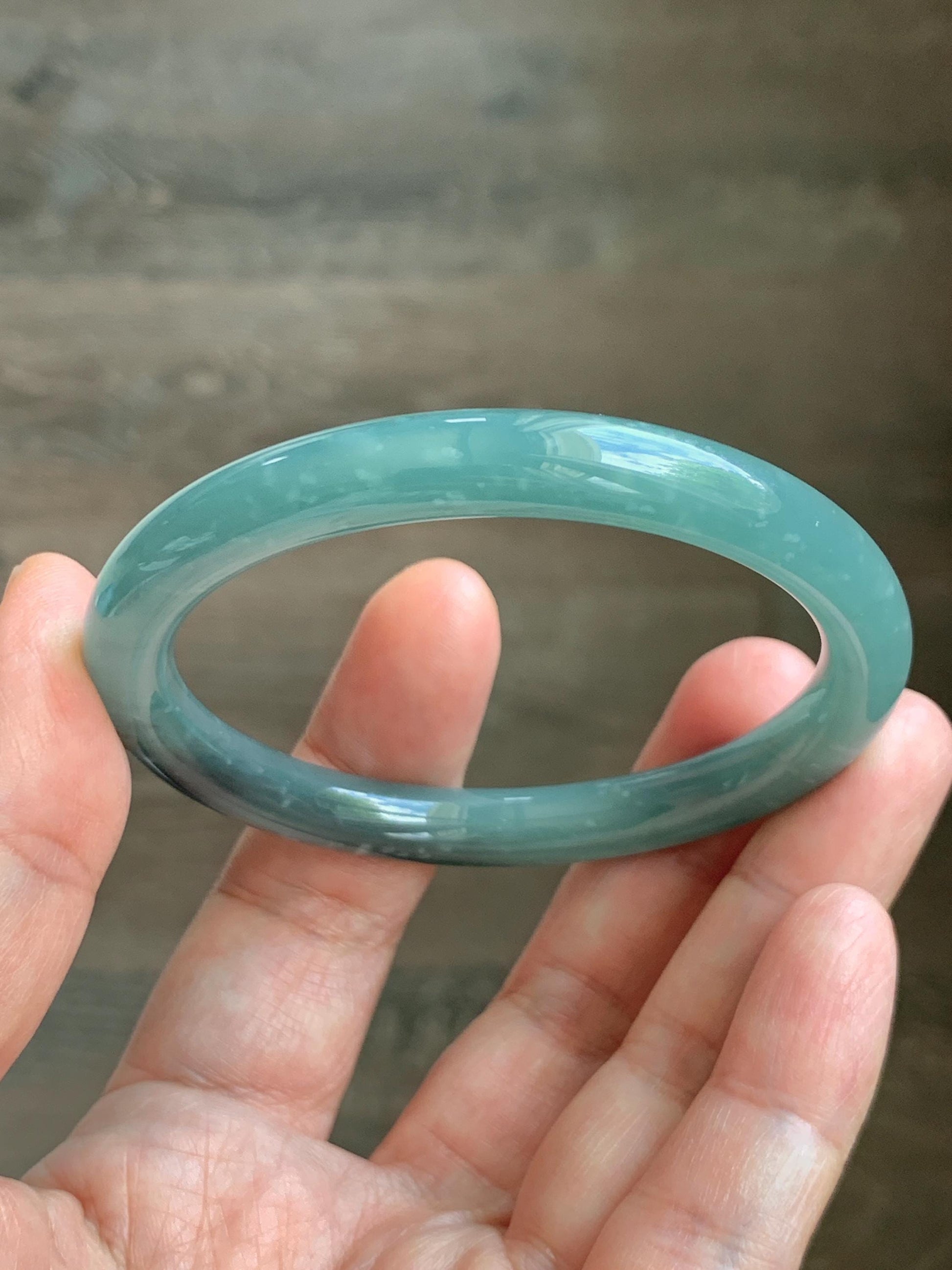 Certified Natural Grade A Guatemalan Icy Translucent Dusty Teal Green Wuji Jade Jadeite Bangle 55.5 6.86” 31g 天然冰危暗蓝绿乌鸡翡翠圆条手镯 1183