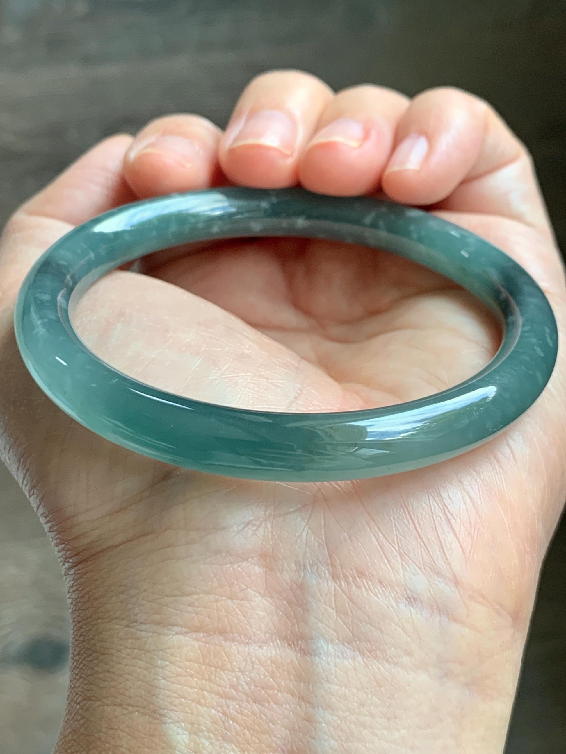 Certified Natural Grade A Guatemalan Icy Translucent Dusty Teal Green Wuji Jade Jadeite Bangle 58.7mm 7.26” 34g 天然冰胶危蓝绿乌鸡翡翠圆条手镯 1180