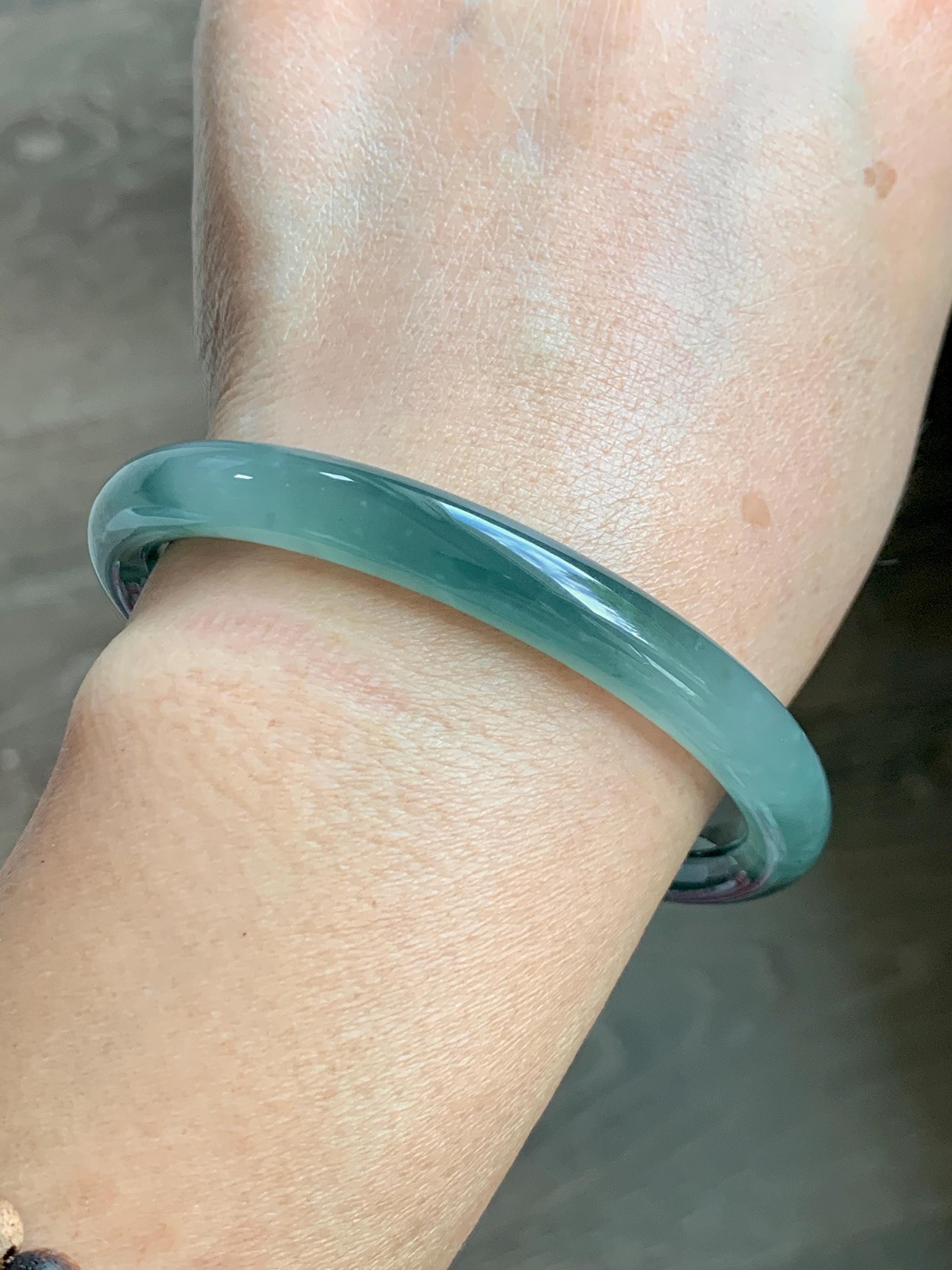 Certified Natural Grade A Guatemalan Icy Translucent Dusty Teal Green Wuji Jade Jadeite Bangle 58.7mm 7.26” 34g 天然冰胶危蓝绿乌鸡翡翠圆条手镯 1180