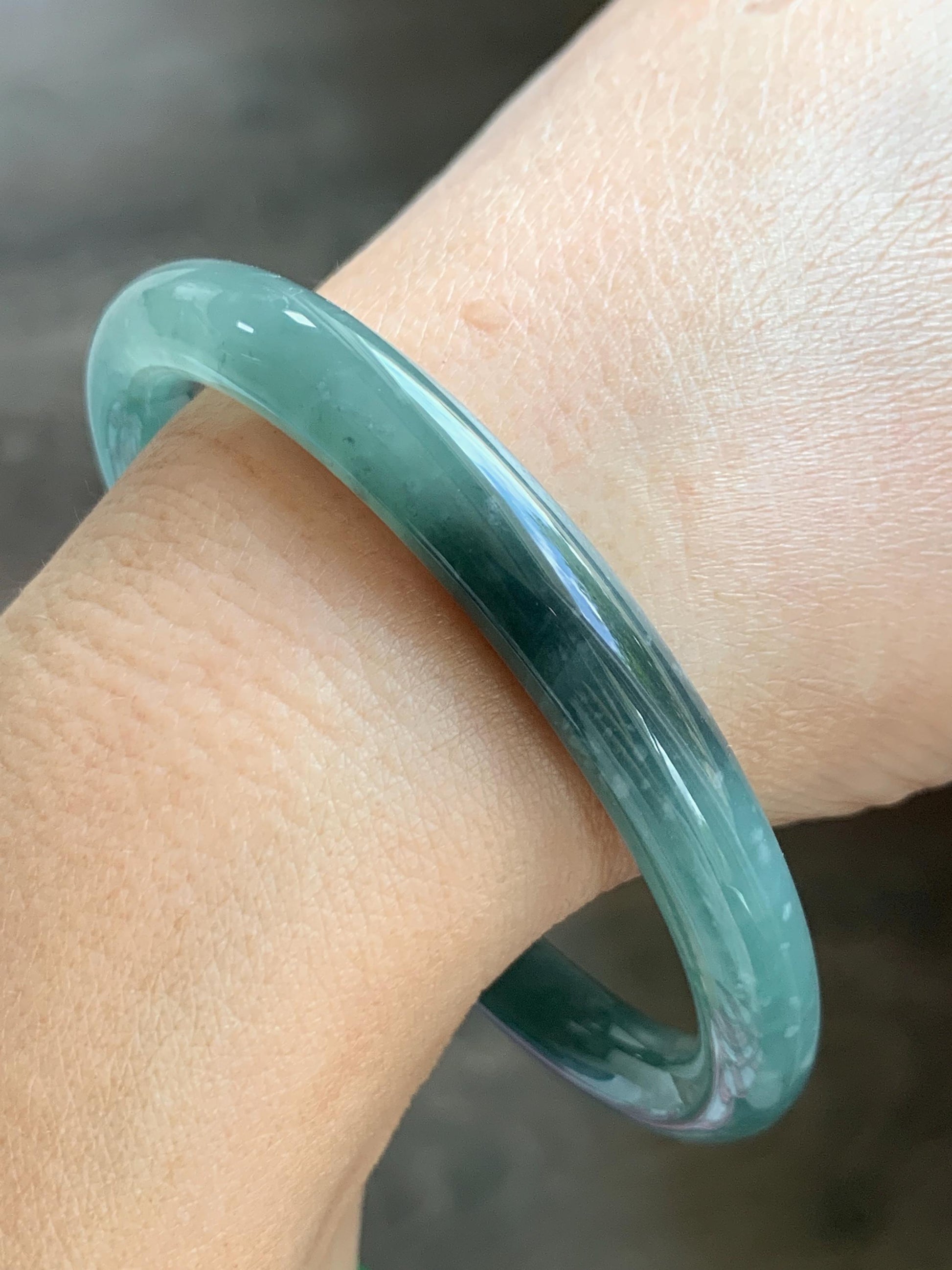 Certified Natural Grade A Guatemalan Icy Translucent Dusty Teal Green Wuji Jade Jadeite Bangle 58.7mm 7.26” 34g 天然冰胶危蓝绿乌鸡翡翠圆条手镯 1180