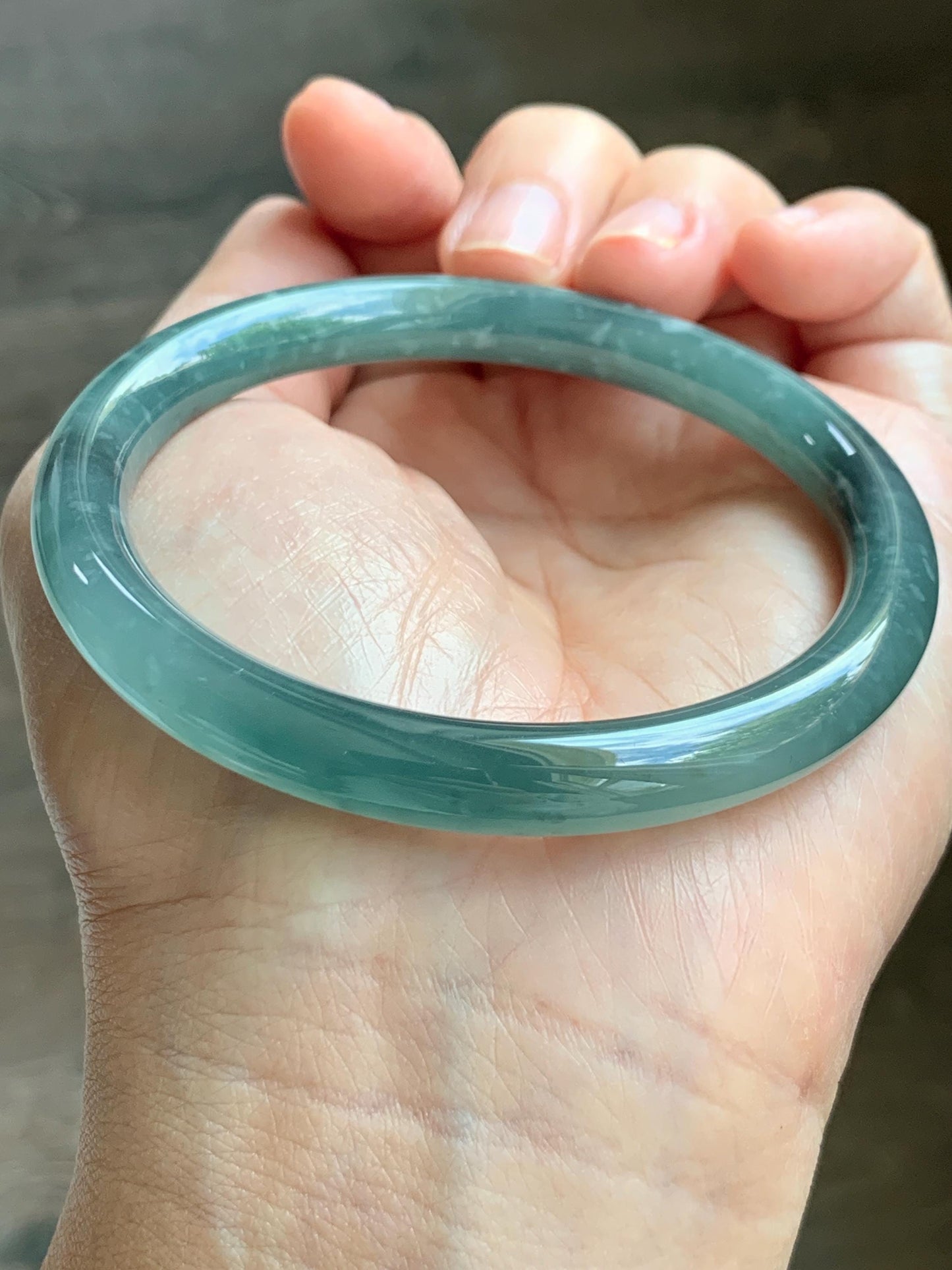 Certified Natural Grade A Guatemalan Icy Translucent Dusty Teal Green Wuji Jade Jadeite Bangle 58.7mm 7.26” 34g 天然冰胶危蓝绿乌鸡翡翠圆条手镯 1180