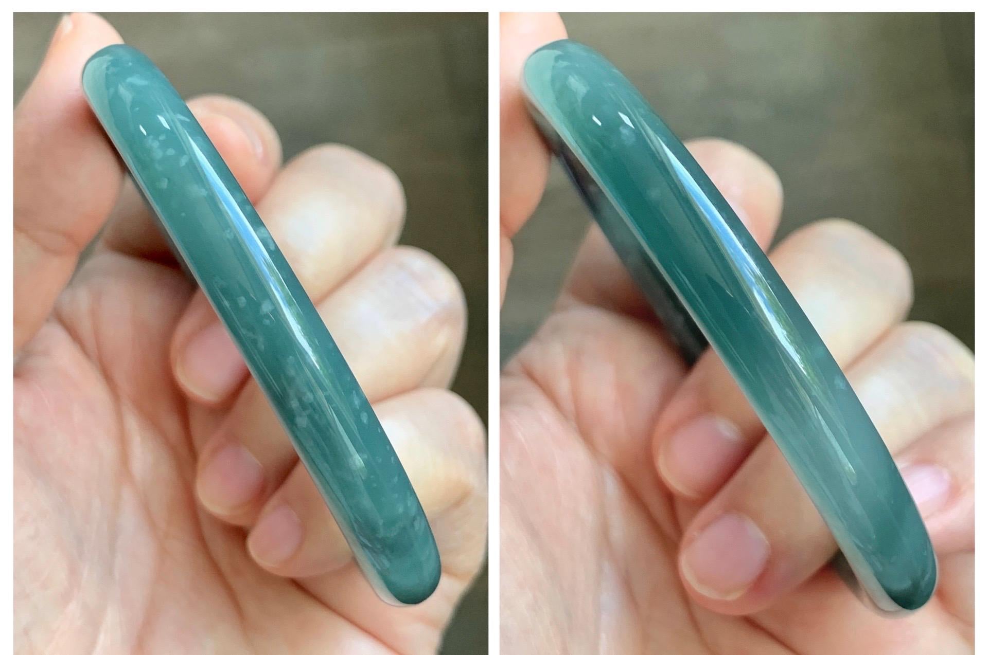 Certified Natural Grade A Guatemalan Icy Translucent Dusty Teal Green Wuji Jade Jadeite Bangle 58.7mm 7.26” 34g 天然冰胶危蓝绿乌鸡翡翠圆条手镯 1180