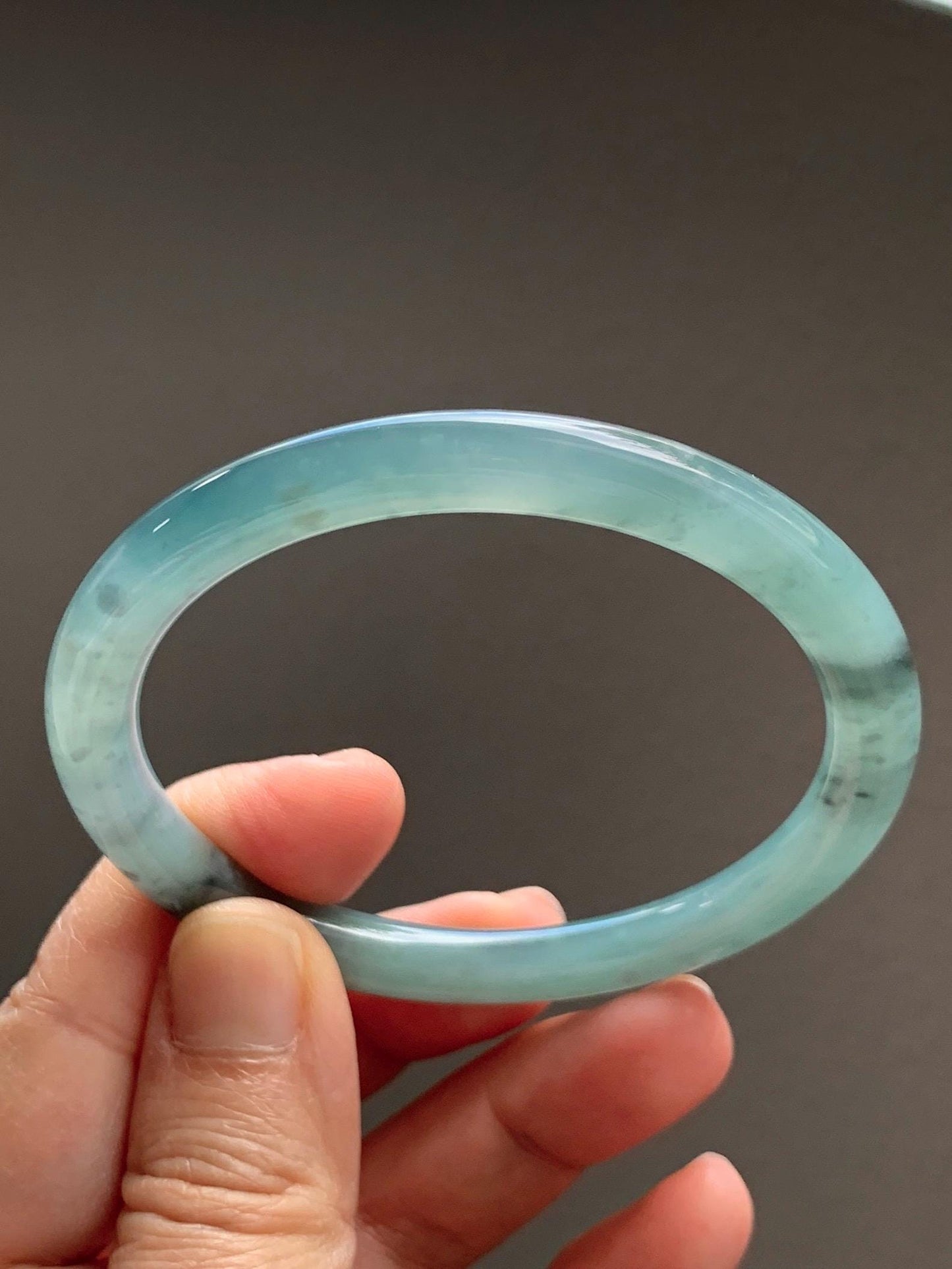 Certified Natural Grade A Guatemalan Icy Translucent Dusty Teal Green Wuji Jade Jadeite Bangle 58.46mm 7.23” 31g 天然冰胶危蓝绿乌鸡翡翠圆条手镯 1182