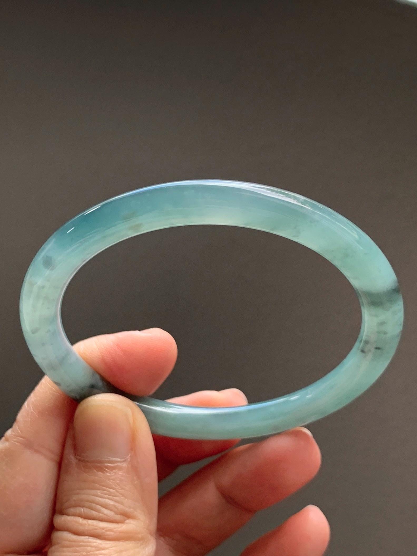 Certified Natural Grade A Guatemalan Icy Translucent Dusty Teal Green Wuji Jade Jadeite Bangle 58.46mm 7.23” 31g 天然冰胶危蓝绿乌鸡翡翠圆条手镯 1182