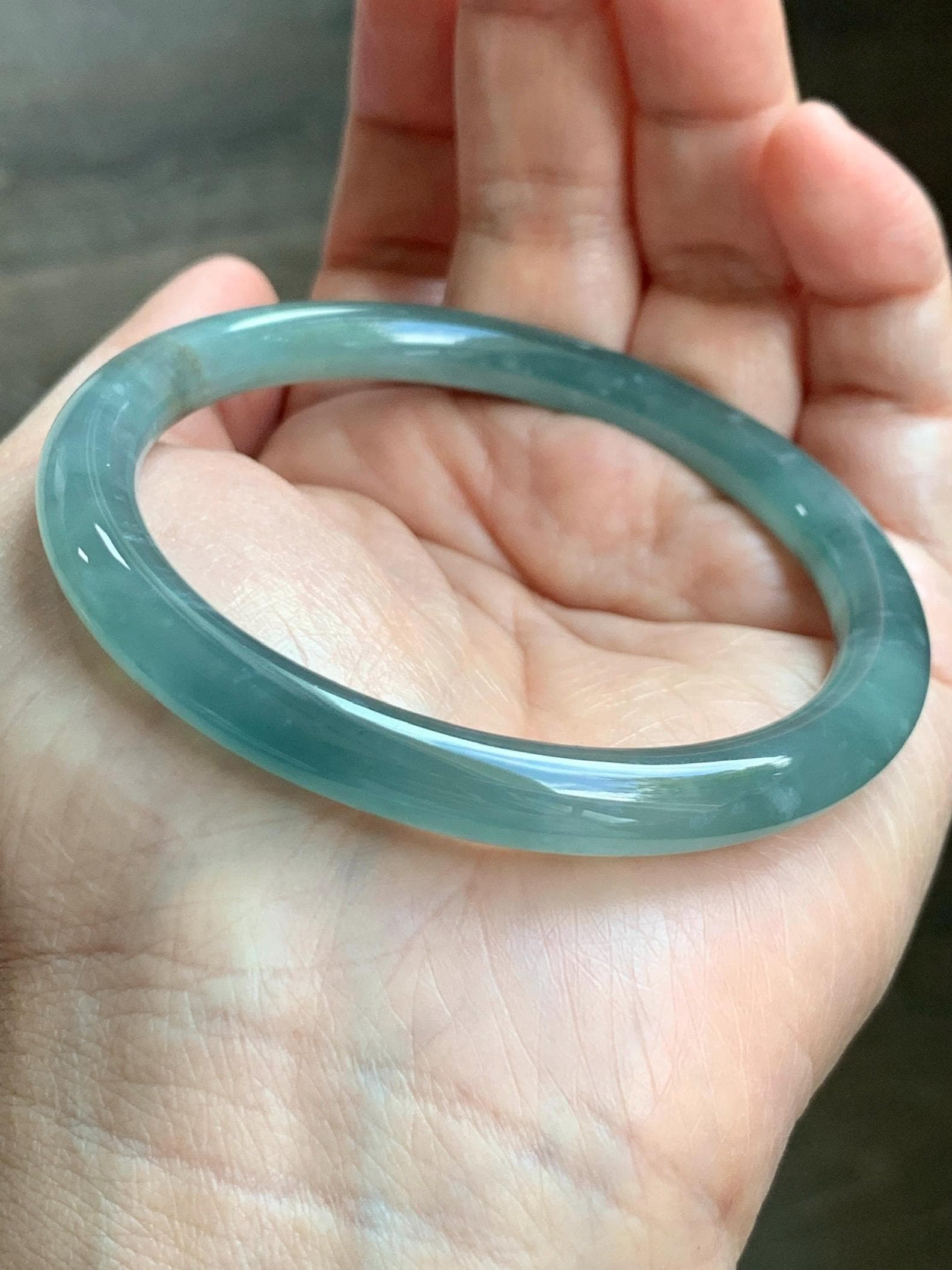 Certified Natural Grade A Guatemalan Icy Translucent Dusty Teal Green Wuji Jade Jadeite Bangle 58.46mm 7.23” 31g 天然冰胶危蓝绿乌鸡翡翠圆条手镯 1182