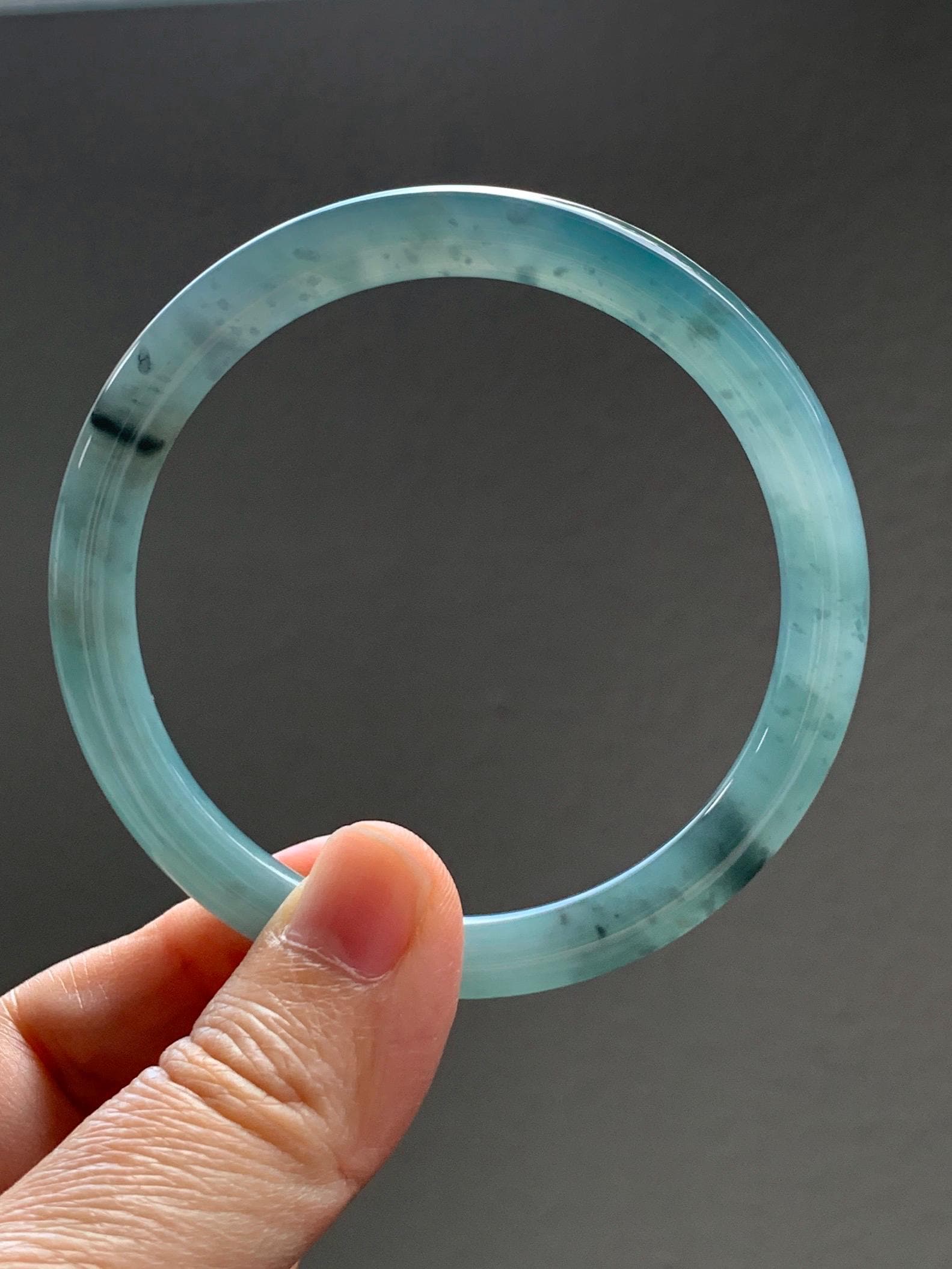 Certified Natural Grade A Guatemalan Icy Translucent Dusty Teal Green Wuji Jade Jadeite Bangle 58.46mm 7.23” 31g 天然冰胶危蓝绿乌鸡翡翠圆条手镯 1182