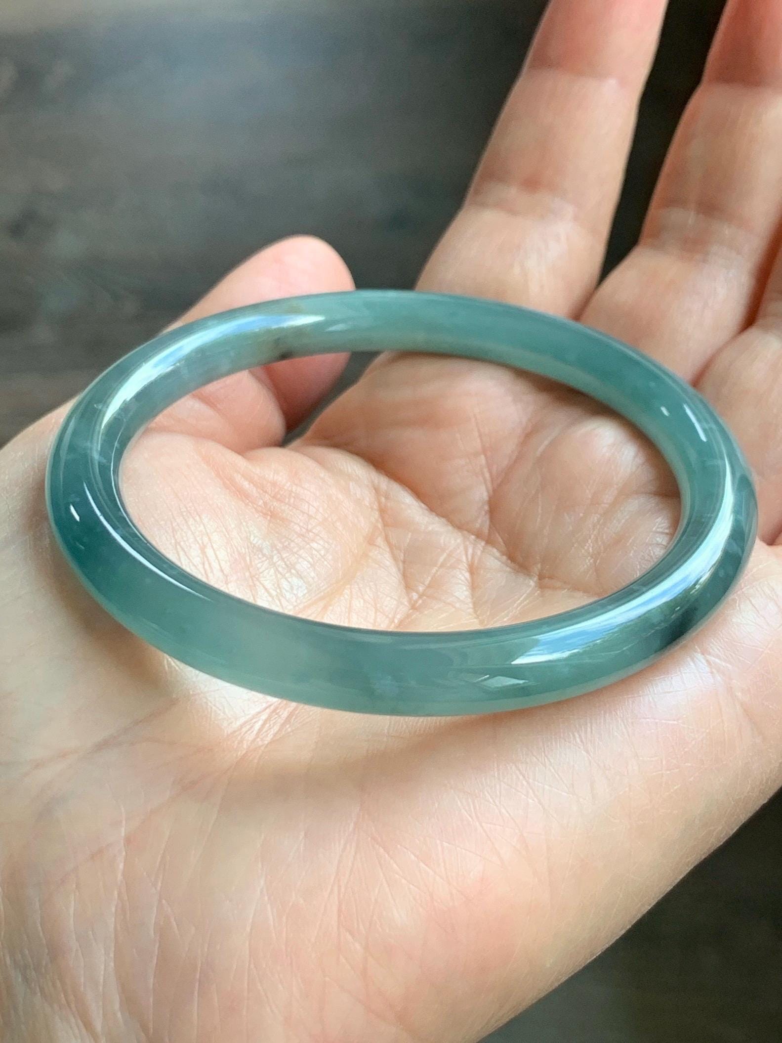 Certified Natural Grade A Guatemalan Icy Translucent Dusty Teal Green Wuji Jade Jadeite Bangle 58.46mm 7.23” 31g 天然冰胶危蓝绿乌鸡翡翠圆条手镯 1182
