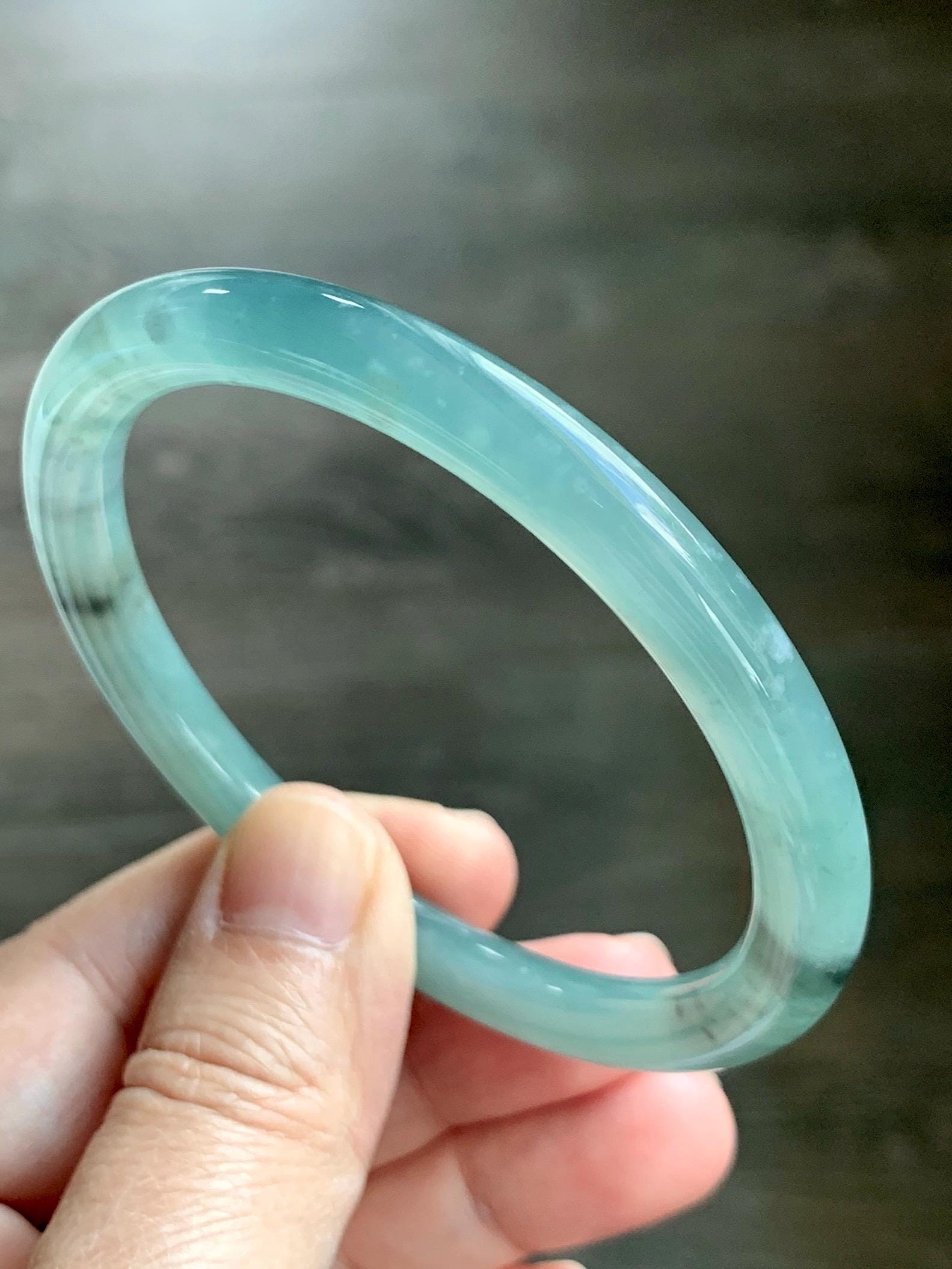 Certified Natural Grade A Guatemalan Icy Translucent Dusty Teal Green Wuji Jade Jadeite Bangle 58.46mm 7.23” 31g 天然冰胶危蓝绿乌鸡翡翠圆条手镯 1182