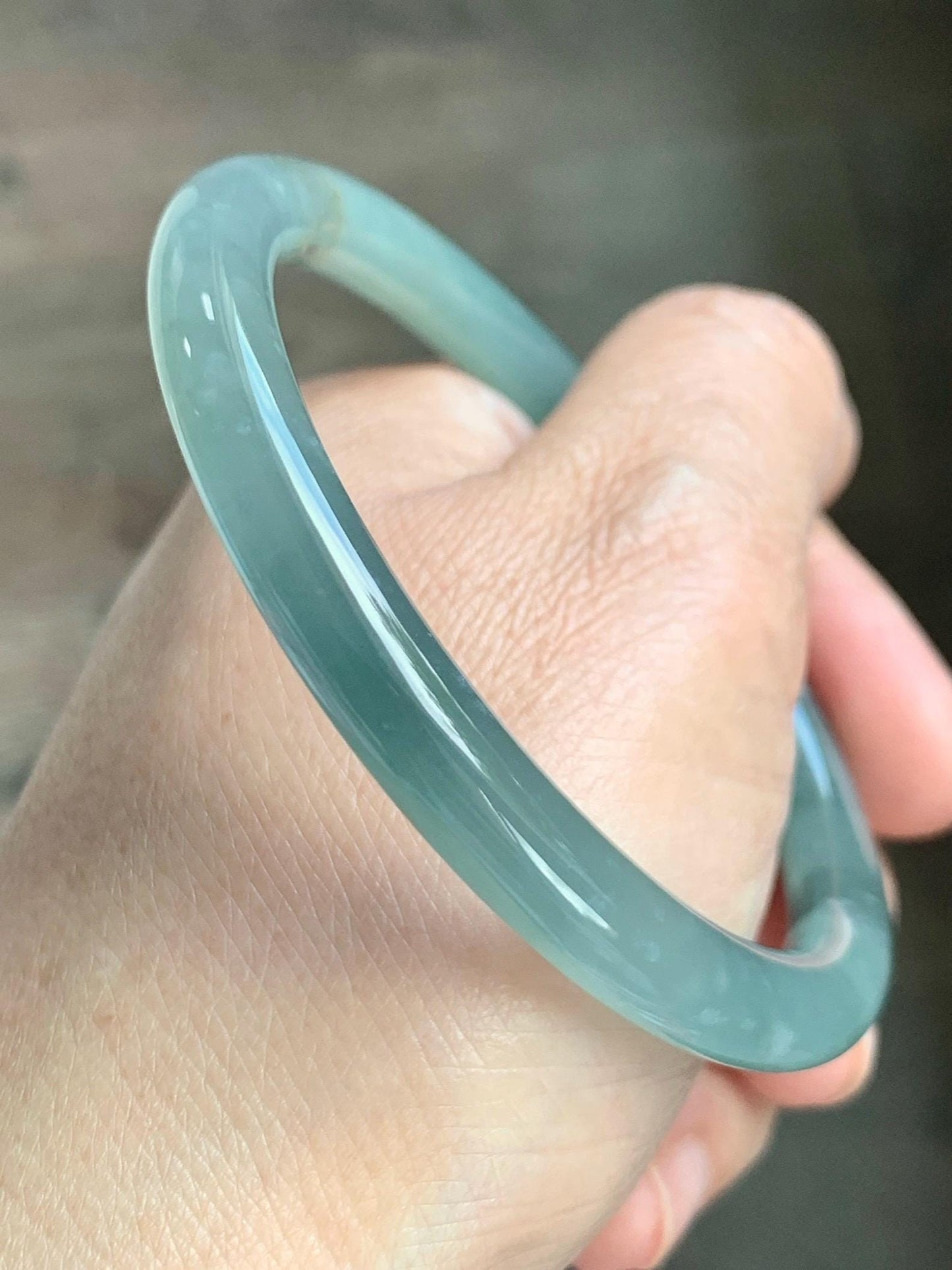Certified Natural Grade A Guatemalan Icy Translucent Dusty Teal Green Wuji Jade Jadeite Bangle 58.46mm 7.23” 31g 天然冰胶危蓝绿乌鸡翡翠圆条手镯 1182