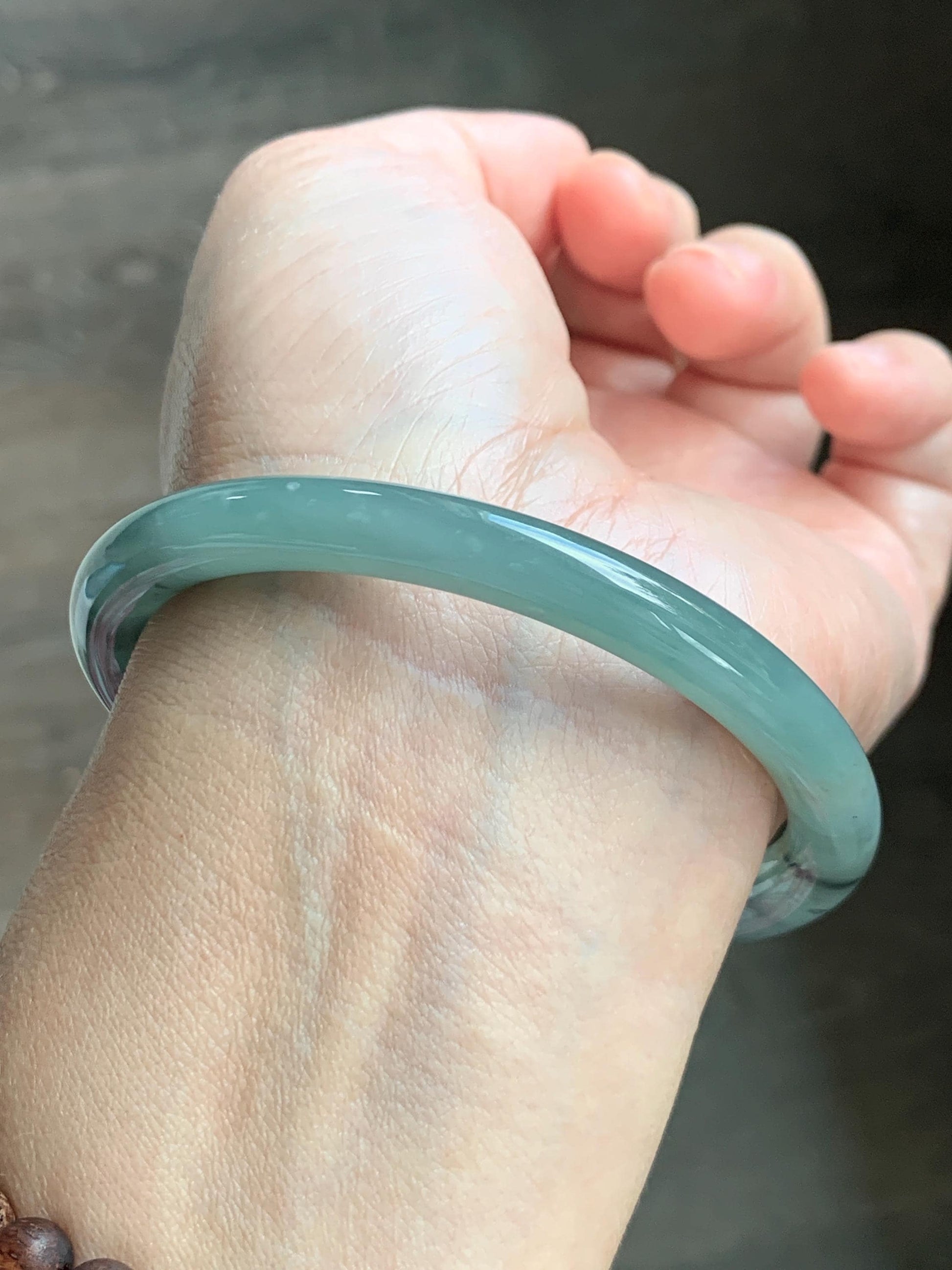 Certified Natural Grade A Guatemalan Icy Translucent Dusty Teal Green Wuji Jade Jadeite Bangle 58.46mm 7.23” 31g 天然冰胶危蓝绿乌鸡翡翠圆条手镯 1182