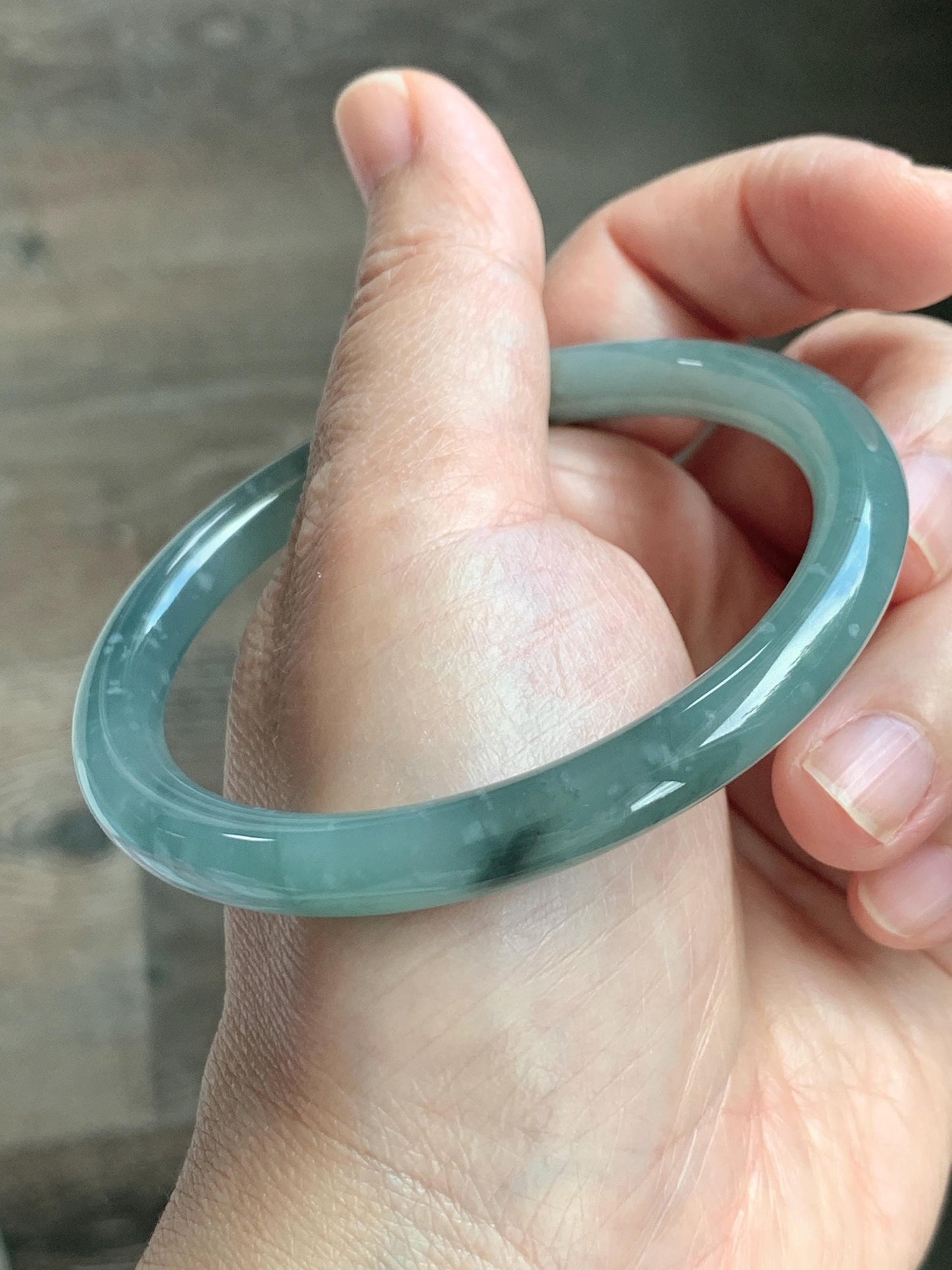 Certified Natural Grade A Guatemalan Icy Translucent Dusty Teal Green Wuji Jade Jadeite Bangle 58.46mm 7.23” 31g 天然冰胶危蓝绿乌鸡翡翠圆条手镯 1182