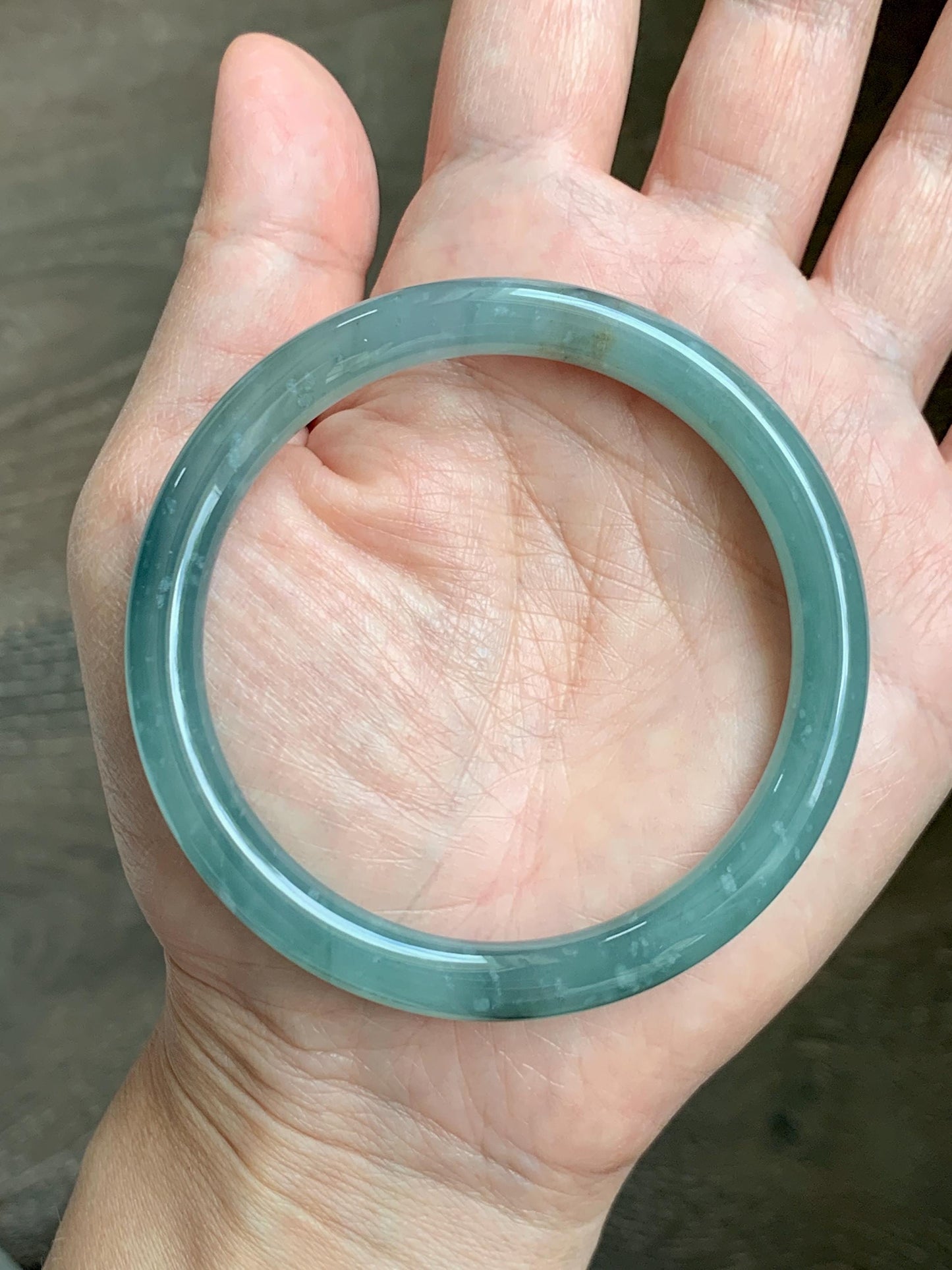 Certified Natural Grade A Guatemalan Icy Translucent Dusty Teal Green Wuji Jade Jadeite Bangle 58.46mm 7.23” 31g 天然冰胶危蓝绿乌鸡翡翠圆条手镯 1182