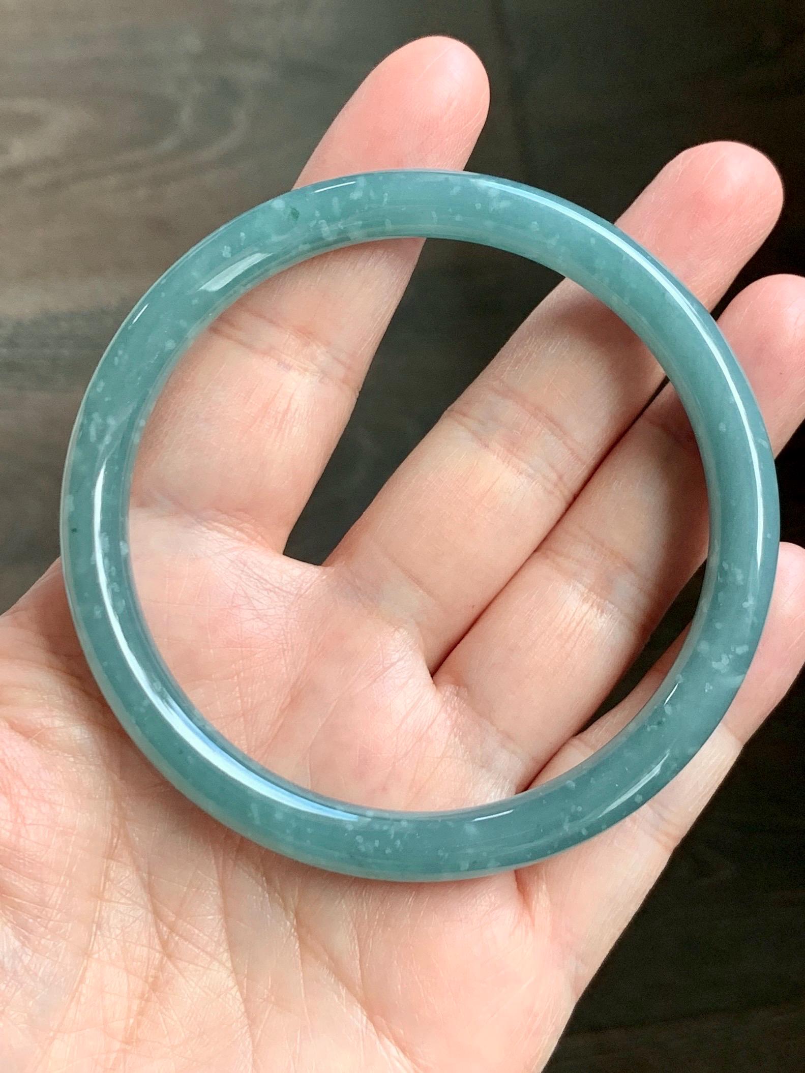 Certified Natural Grade A Guatemalan Icy Translucent Dusty Teal Green Jade Jadeite Bangle 62.7mm 7.75” 33g 天然冰危蓝绿翡翠圆条手镯 1175
