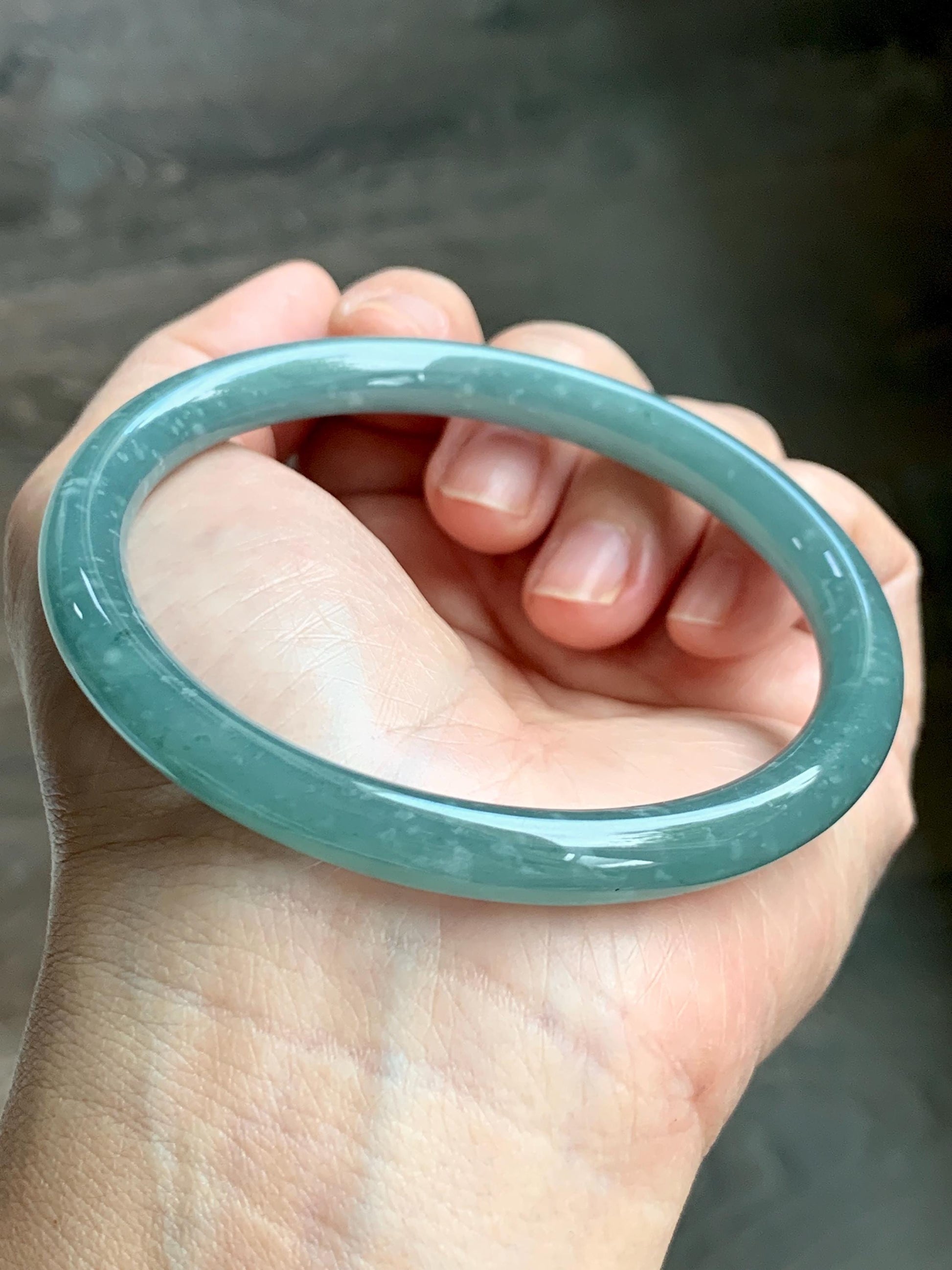Certified Natural Grade A Guatemalan Icy Translucent Dusty Teal Green Jade Jadeite Bangle 62.7mm 7.75” 33g 天然冰危蓝绿翡翠圆条手镯 1175