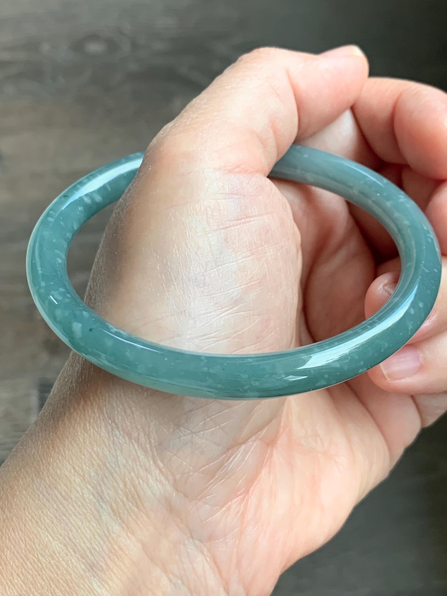 Certified Natural Grade A Guatemalan Icy Translucent Dusty Teal Green Jade Jadeite Bangle 62.7mm 7.75” 33g 天然冰危蓝绿翡翠圆条手镯 1175