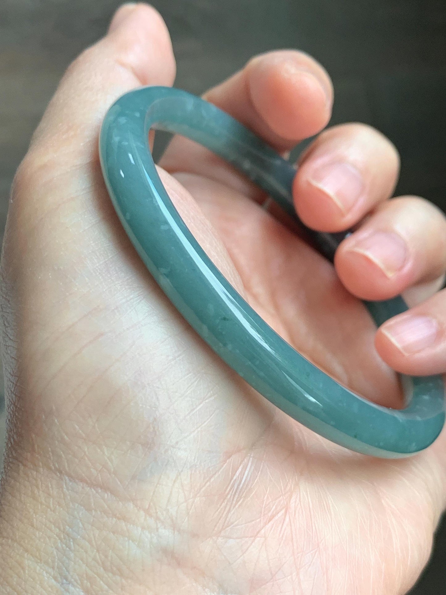 Certified Natural Grade A Guatemalan Icy Translucent Dusty Teal Green Jade Jadeite Bangle 62.7mm 7.75” 33g 天然冰危蓝绿翡翠圆条手镯 1175