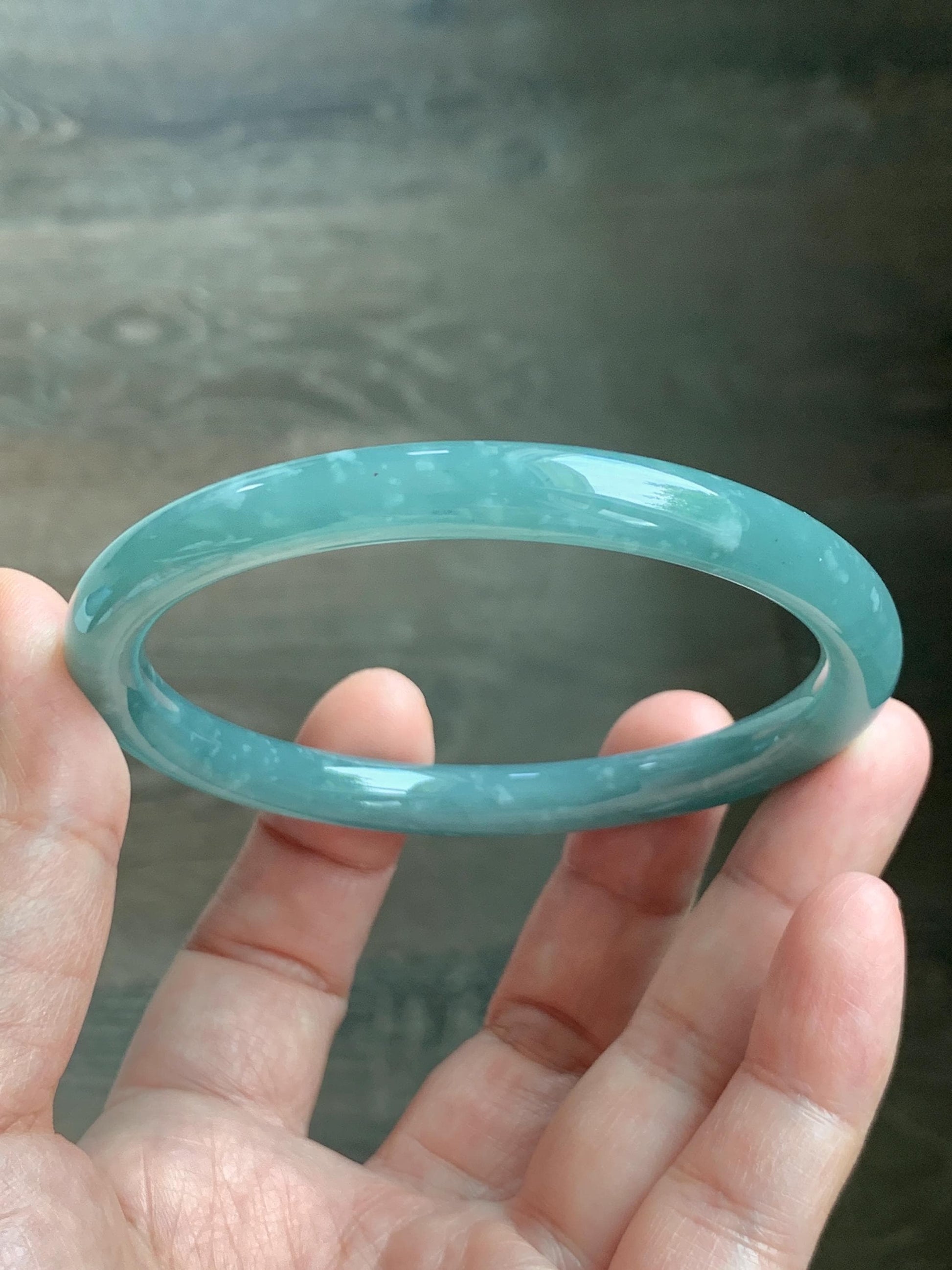 Certified Natural Grade A Guatemalan Icy Translucent Dusty Teal Green Jade Jadeite Bangle 62.7mm 7.75” 33g 天然冰危蓝绿翡翠圆条手镯 1175