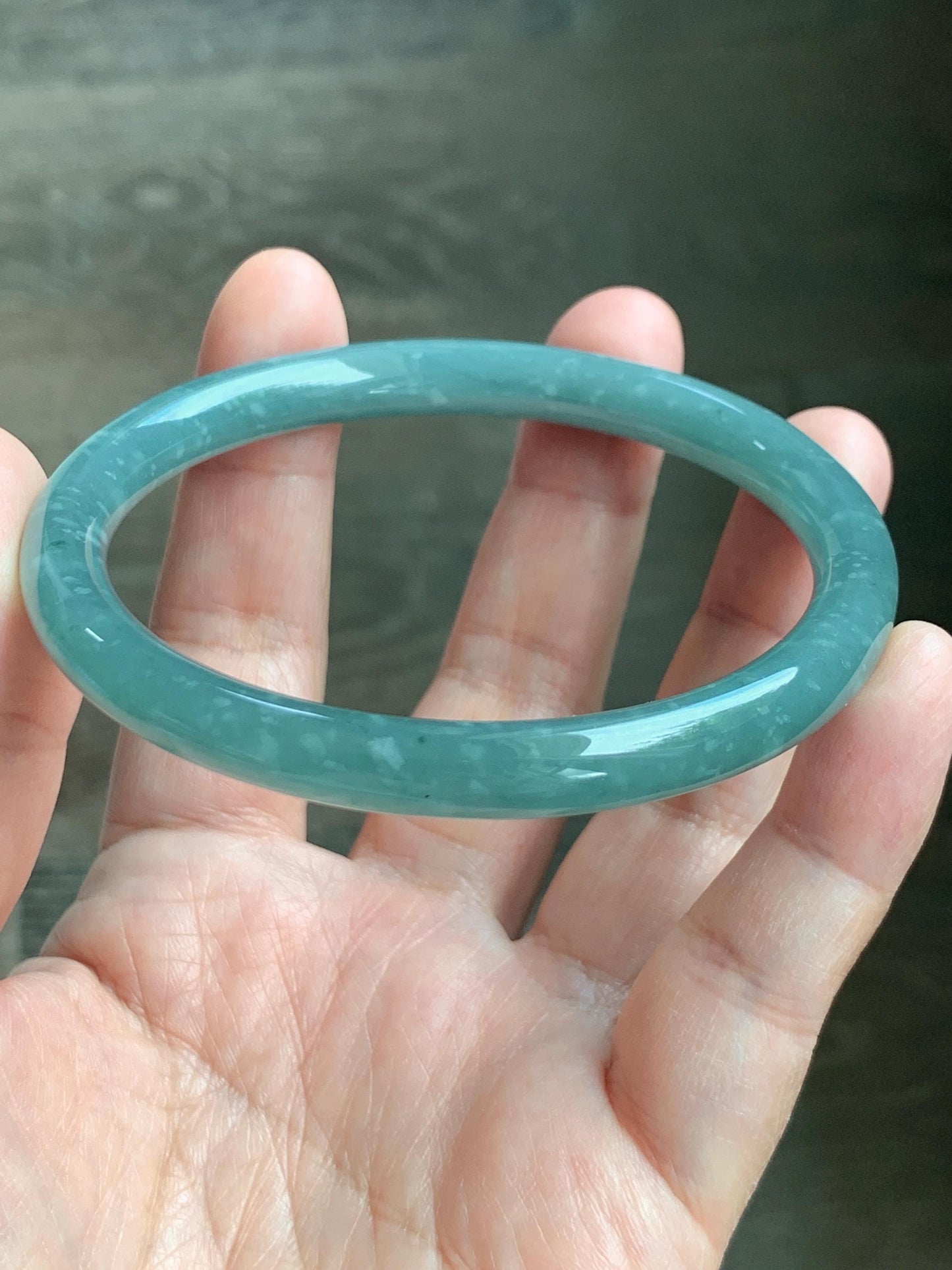 Certified Natural Grade A Guatemalan Icy Translucent Dusty Teal Green Jade Jadeite Bangle 62.7mm 7.75” 33g 天然冰危蓝绿翡翠圆条手镯 1175