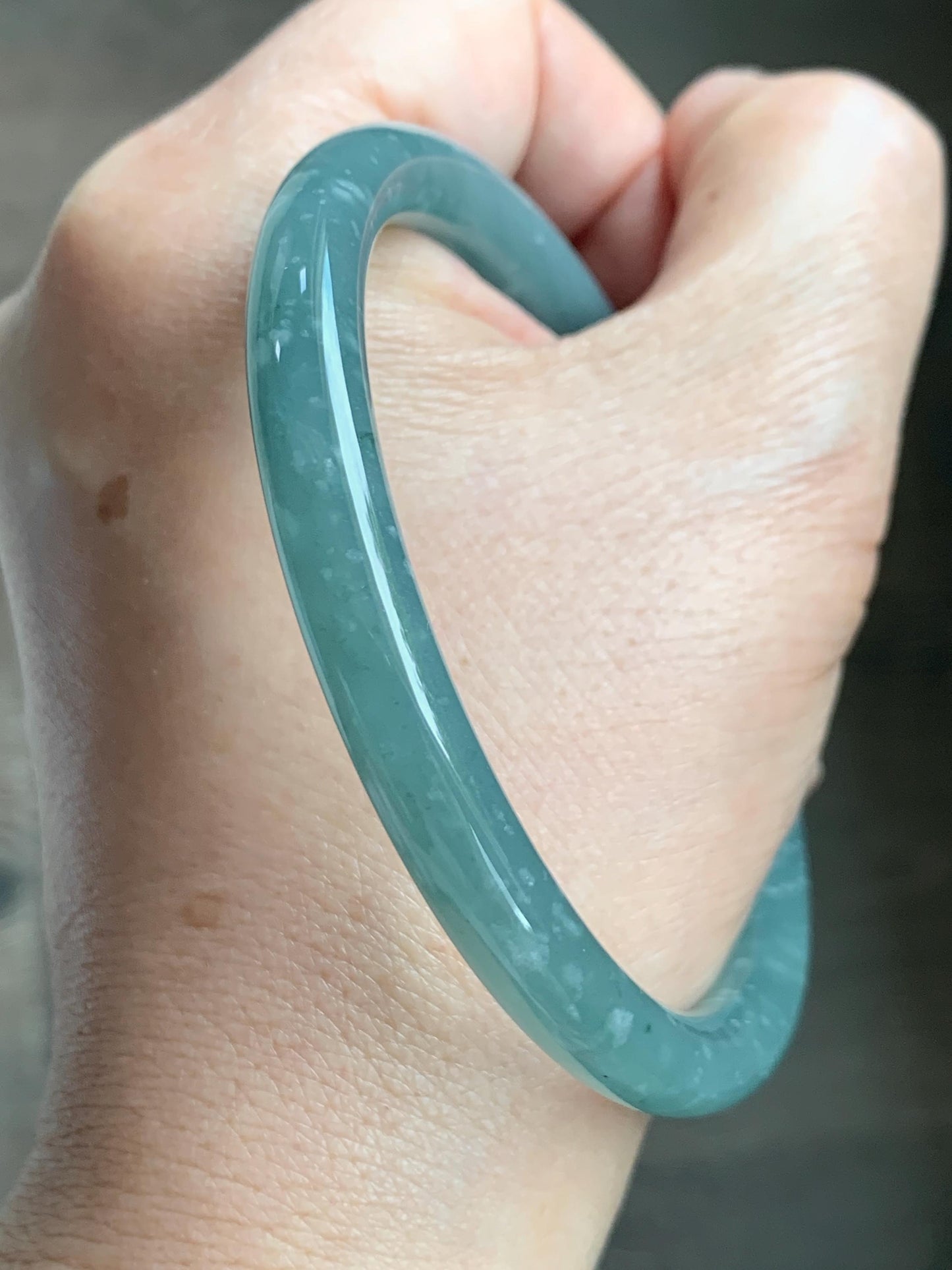 Certified Natural Grade A Guatemalan Icy Translucent Dusty Teal Green Jade Jadeite Bangle 62.7mm 7.75” 33g 天然冰危蓝绿翡翠圆条手镯 1175
