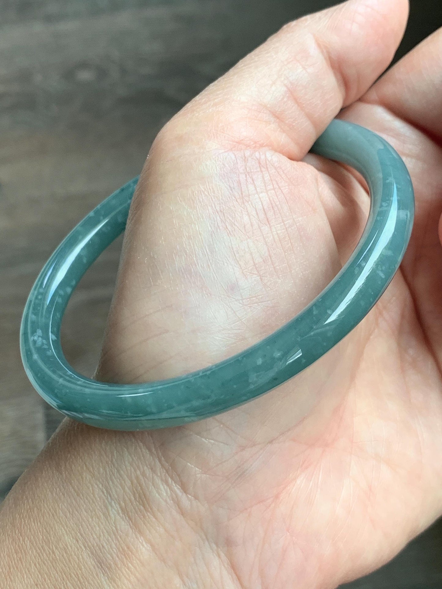 Certified Natural Grade A Guatemalan Icy Translucent Dusty Teal Green Jade Jadeite Bangle 62.7mm 7.75” 33g 天然冰危蓝绿翡翠圆条手镯 1175