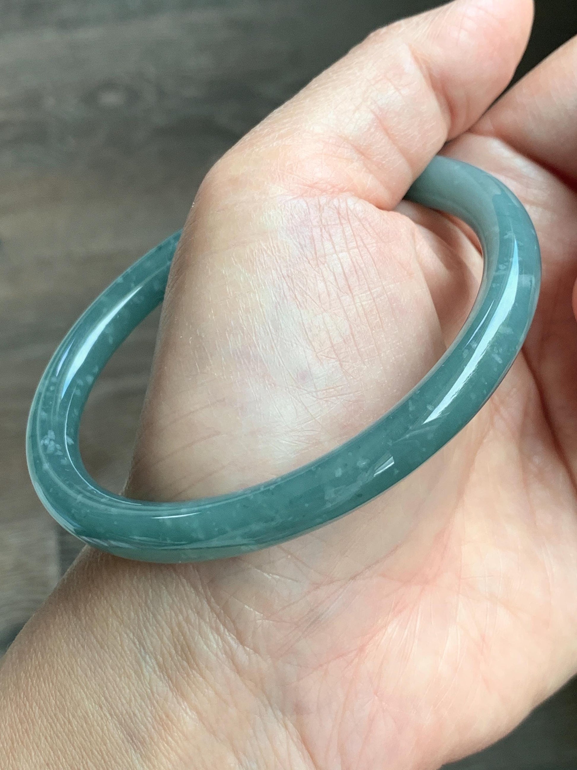 Certified Natural Grade A Guatemalan Icy Translucent Dusty Teal Green Jade Jadeite Bangle 62.7mm 7.75” 33g 天然冰危蓝绿翡翠圆条手镯 1175