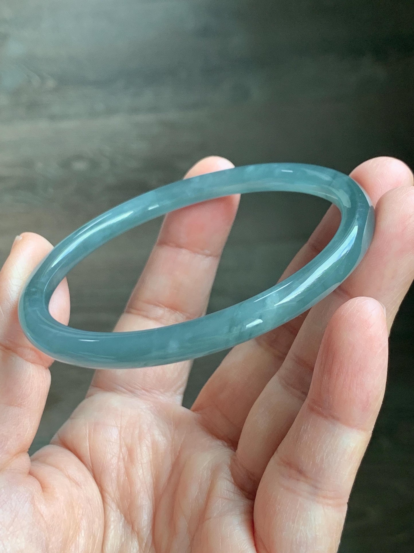 Certified Natural Grade A Guatemalan Icy Translucent Dusty Teal Blue Jade Jadeite Slim Bangle 60.07mm 7.42” 21g 天然冰胶危蓝绿翡翠细圆条手镯 1210