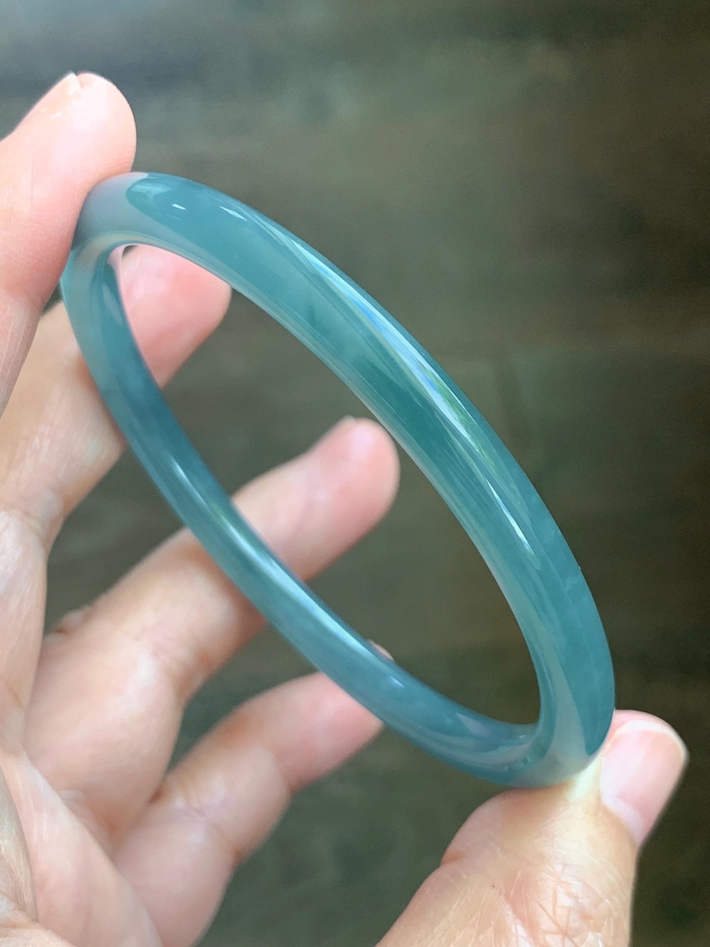 Certified Natural Grade A Guatemalan Icy Translucent Dusty Teal Blue Jade Jadeite Slim Bangle 60.07mm 7.42” 21g 天然冰胶危蓝绿翡翠细圆条手镯 1210