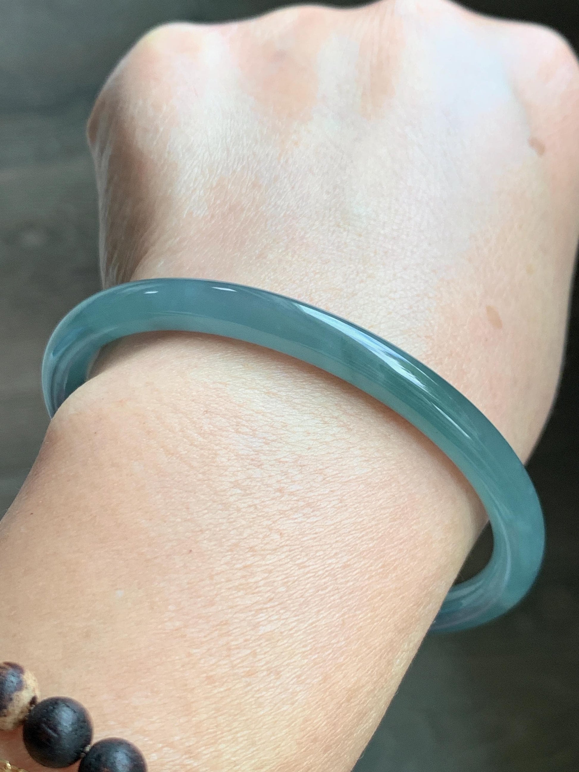 Certified Natural Grade A Guatemalan Icy Translucent Dusty Teal Blue Jade Jadeite Slim Bangle 60.07mm 7.42” 21g 天然冰胶危蓝绿翡翠细圆条手镯 1210