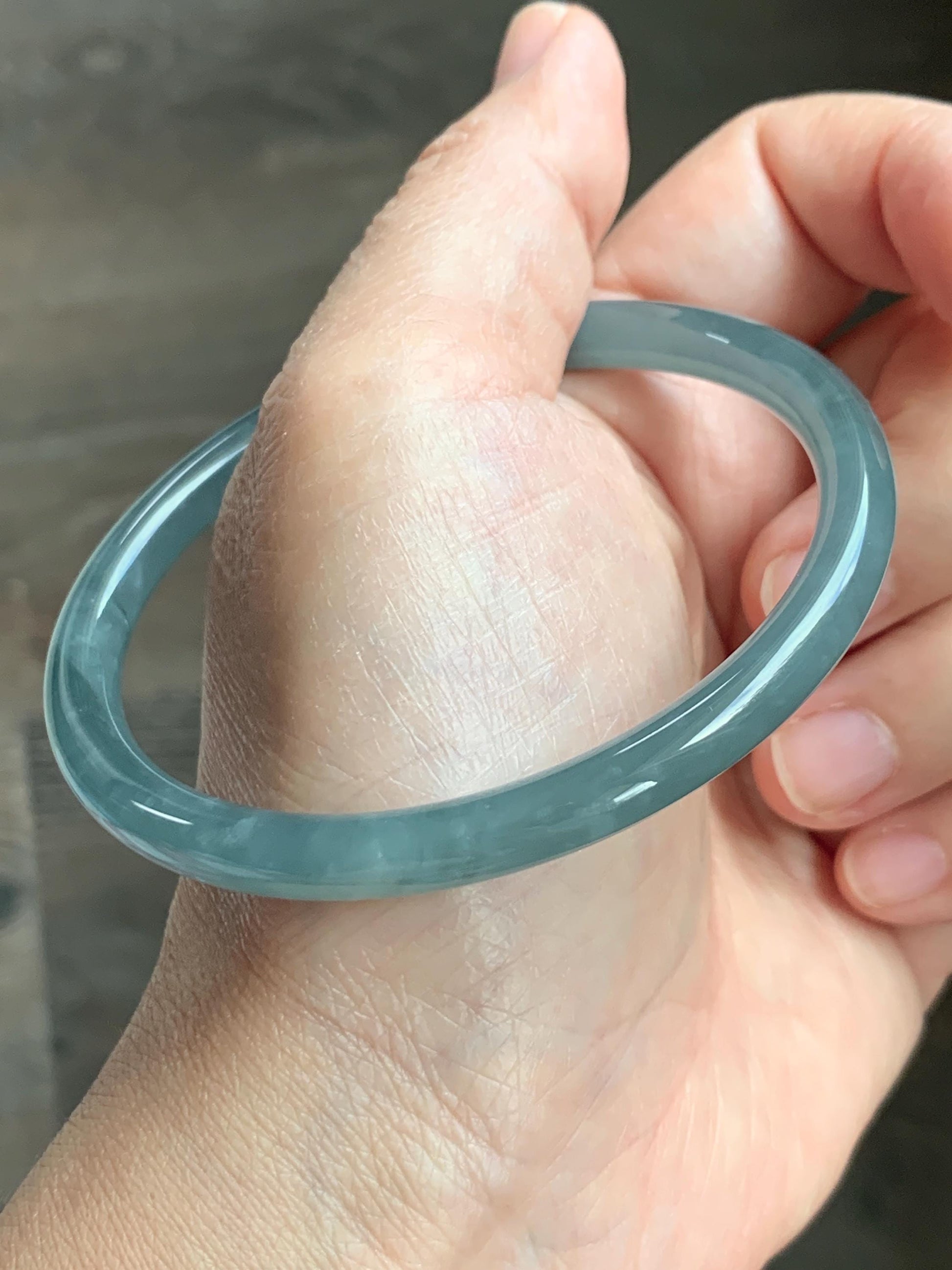 Certified Natural Grade A Guatemalan Icy Translucent Dusty Teal Blue Jade Jadeite Slim Bangle 60.07mm 7.42” 21g 天然冰胶危蓝绿翡翠细圆条手镯 1210