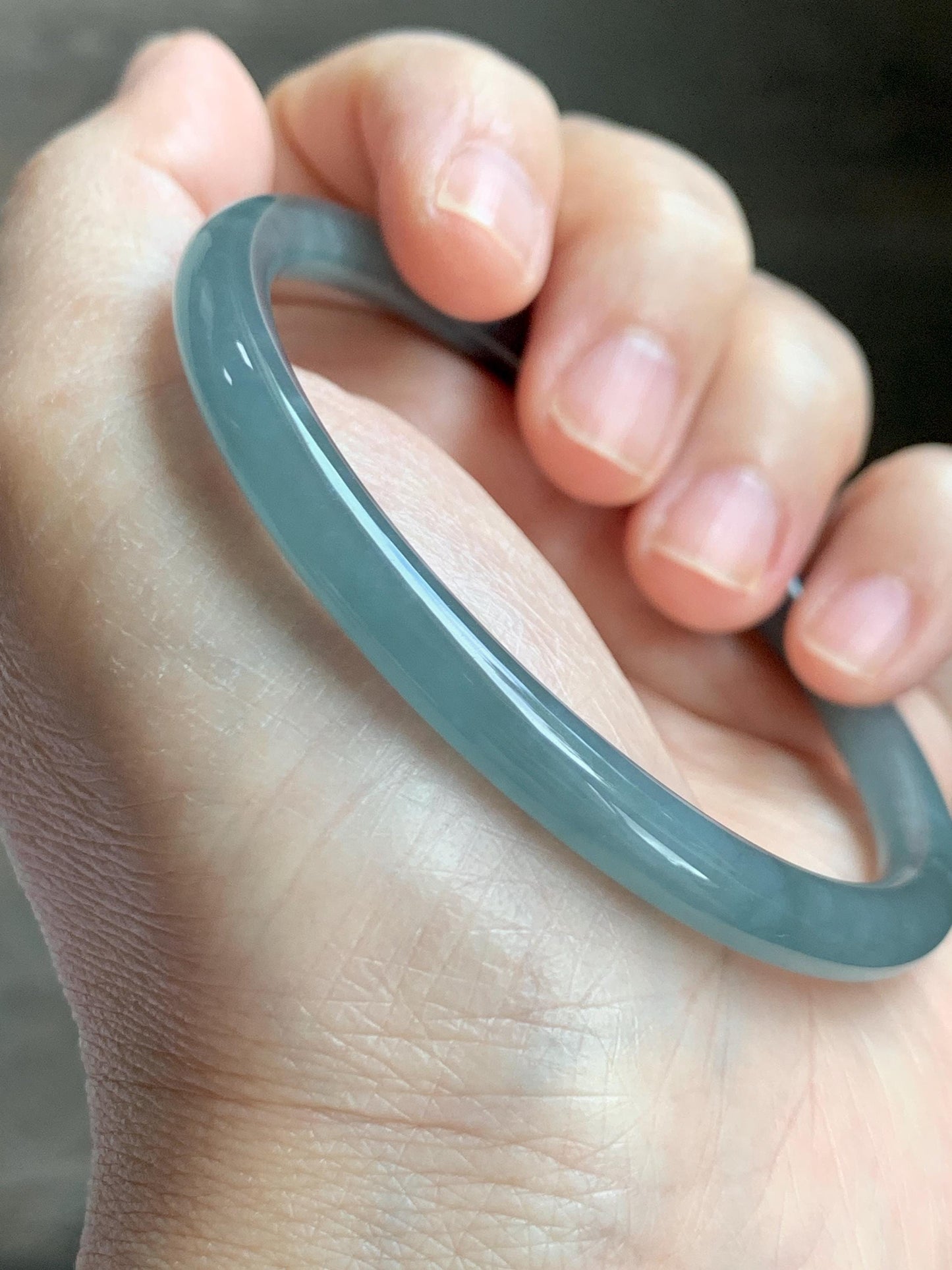 Certified Natural Grade A Guatemalan Icy Translucent Dusty Teal Blue Jade Jadeite Slim Bangle 60.07mm 7.42” 21g 天然冰胶危蓝绿翡翠细圆条手镯 1210
