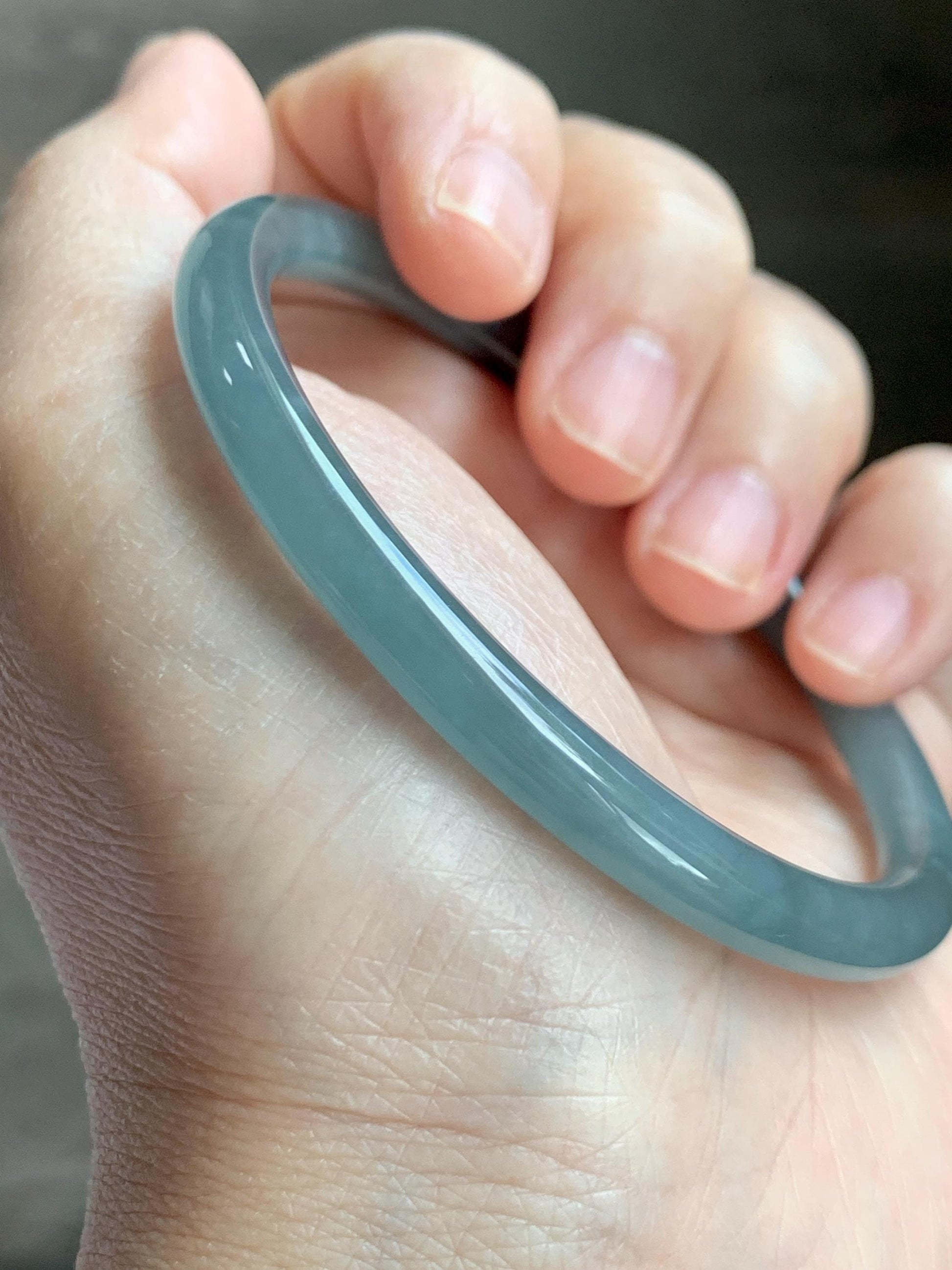 Certified Natural Grade A Guatemalan Icy Translucent Dusty Teal Blue Jade Jadeite Slim Bangle 60.07mm 7.42” 21g 天然冰胶危蓝绿翡翠细圆条手镯 1210
