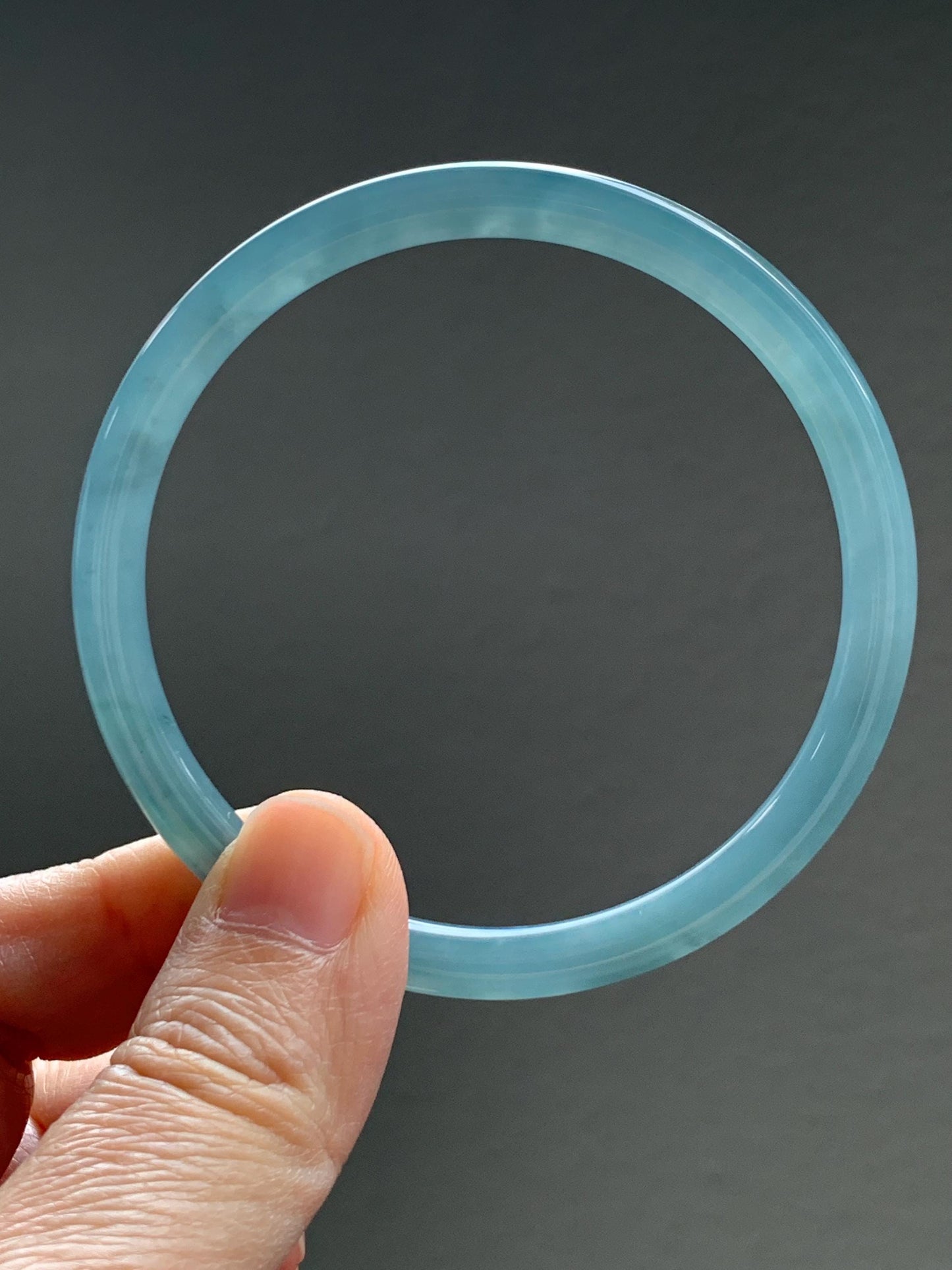 Certified Natural Grade A Guatemalan Icy Translucent Dusty Teal Blue Jade Jadeite Slim Bangle 60.07mm 7.42” 21g 天然冰胶危蓝绿翡翠细圆条手镯 1210