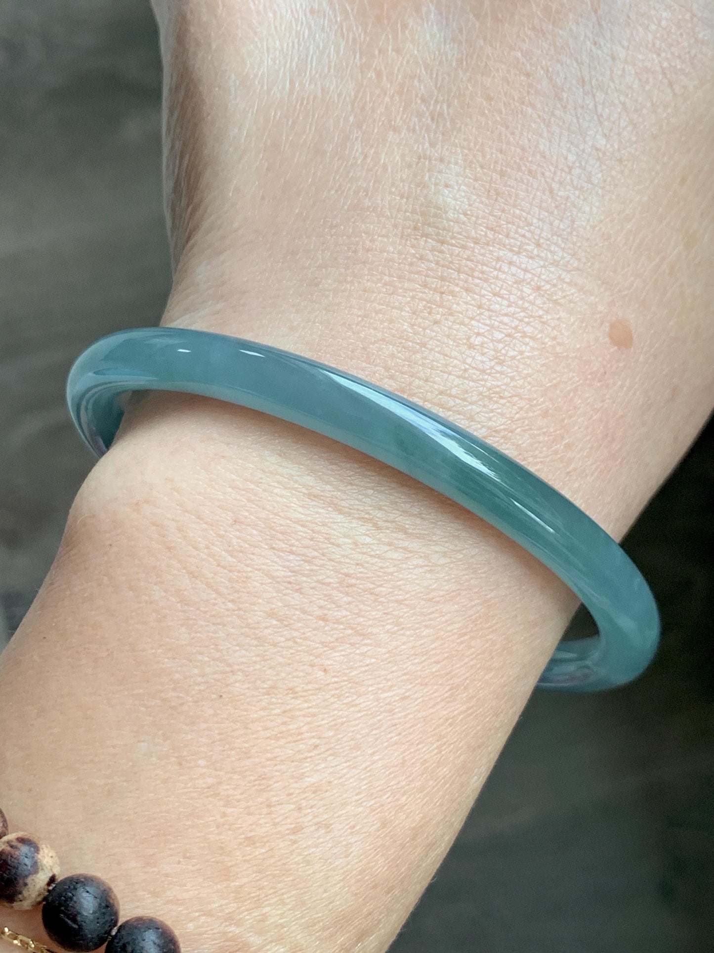 Certified Natural Grade A Guatemalan Icy Translucent Dusty Teal Blue Jade Jadeite Slim Bangle 60.07mm 7.42” 21g 天然冰胶危蓝绿翡翠细圆条手镯 1210