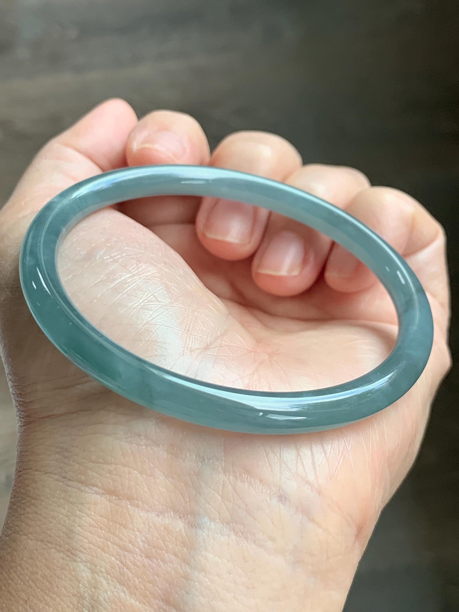 Certified Natural Grade A Guatemalan Icy Translucent Dusty Teal Blue Jade Jadeite Slim Bangle 60.07mm 7.42” 21g 天然冰胶危蓝绿翡翠细圆条手镯 1210
