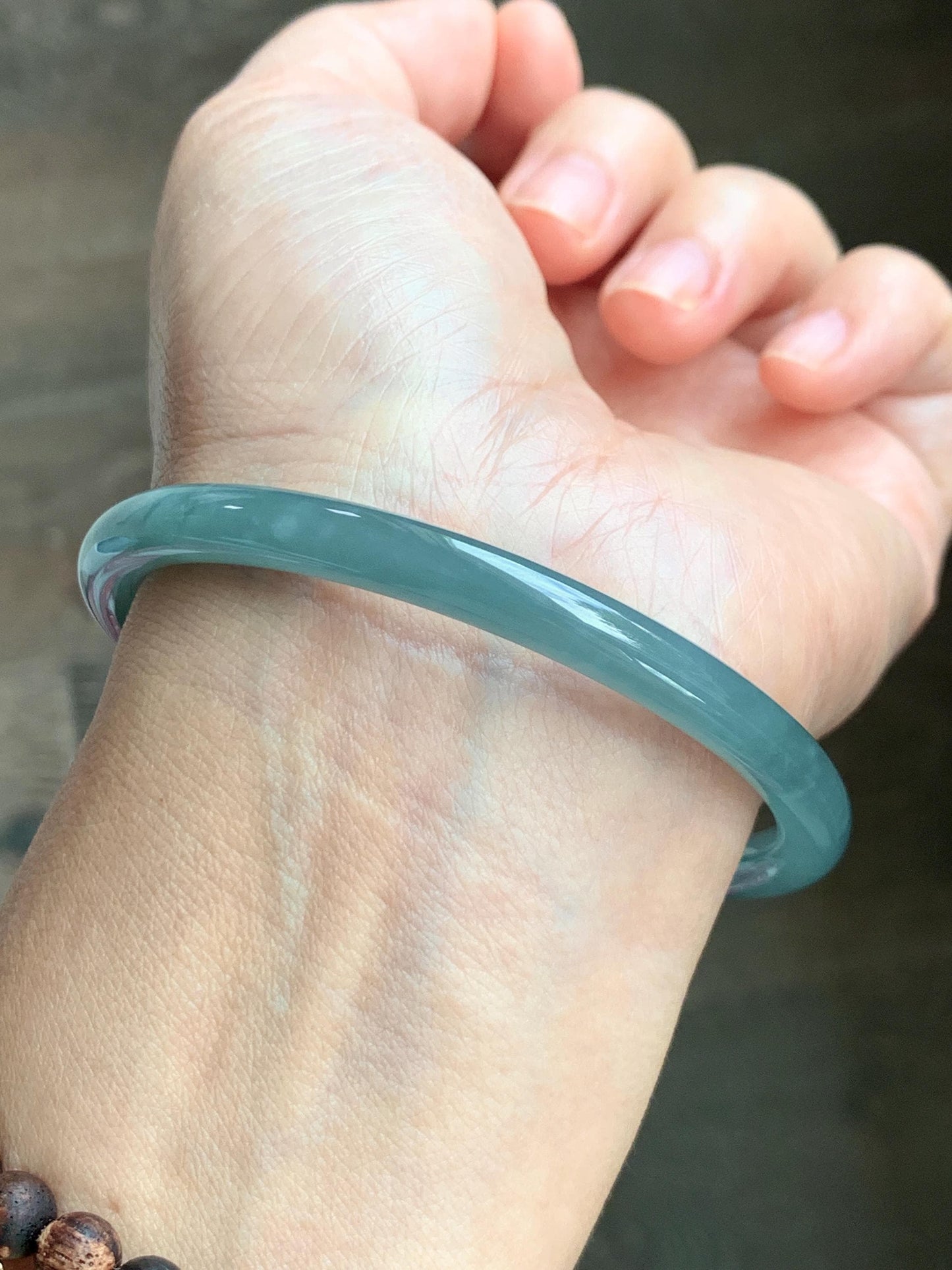 Certified Natural Grade A Guatemalan Icy Translucent Dusty Teal Blue Jade Jadeite Slim Bangle 60.07mm 7.42” 21g 天然冰胶危蓝绿翡翠细圆条手镯 1210