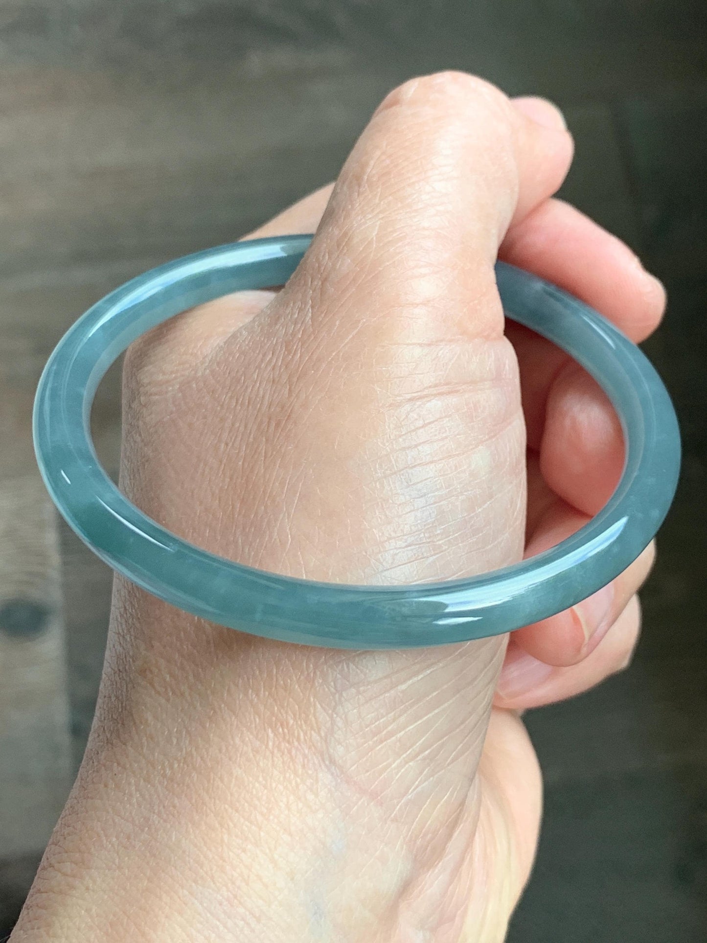 Certified Natural Grade A Guatemalan Icy Translucent Dusty Teal Blue Jade Jadeite Slim Bangle 60.07mm 7.42” 21g 天然冰胶危蓝绿翡翠细圆条手镯 1210