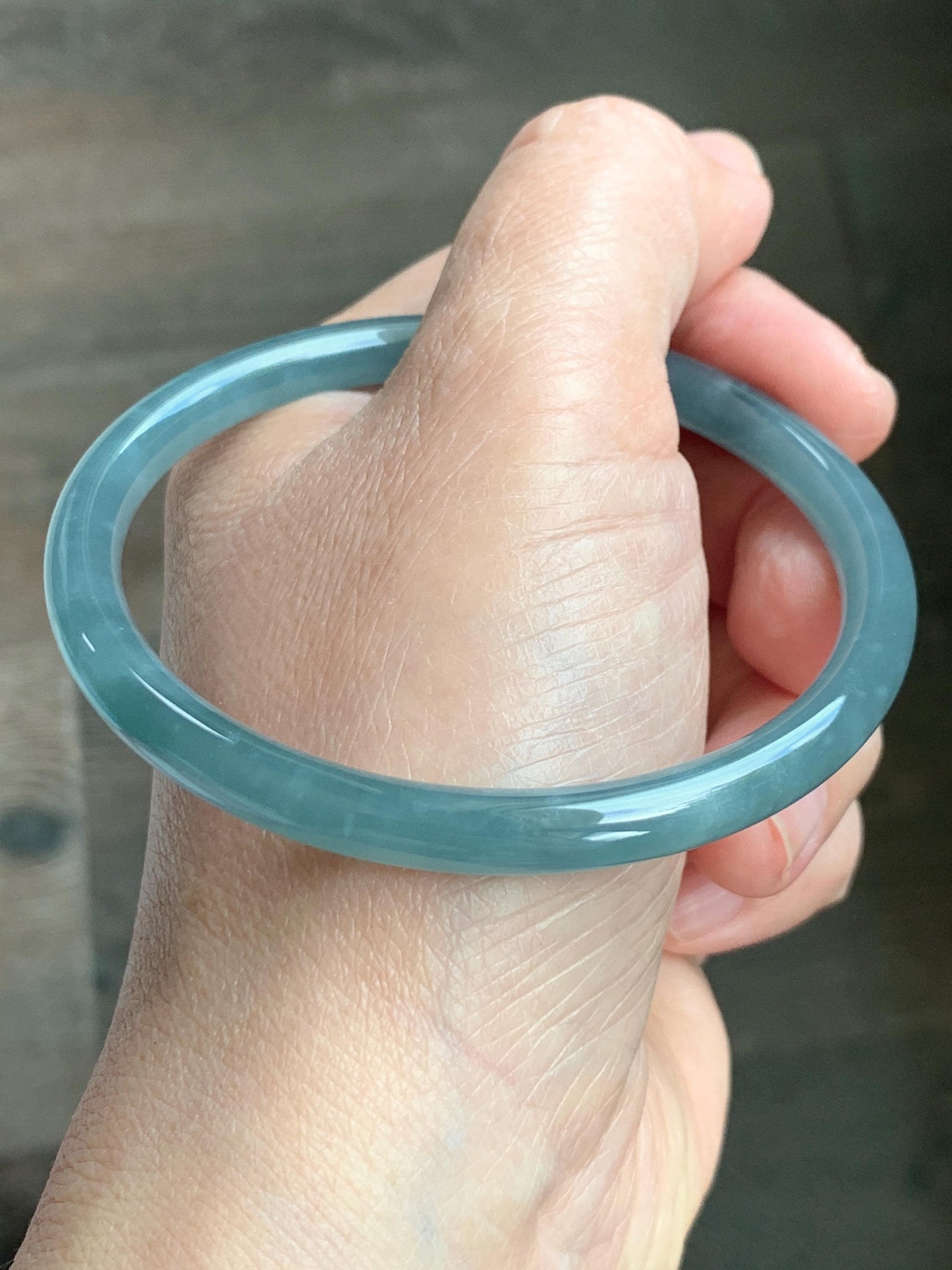 Certified Natural Grade A Guatemalan Icy Translucent Dusty Teal Blue Jade Jadeite Slim Bangle 60.07mm 7.42” 21g 天然冰胶危蓝绿翡翠细圆条手镯 1210