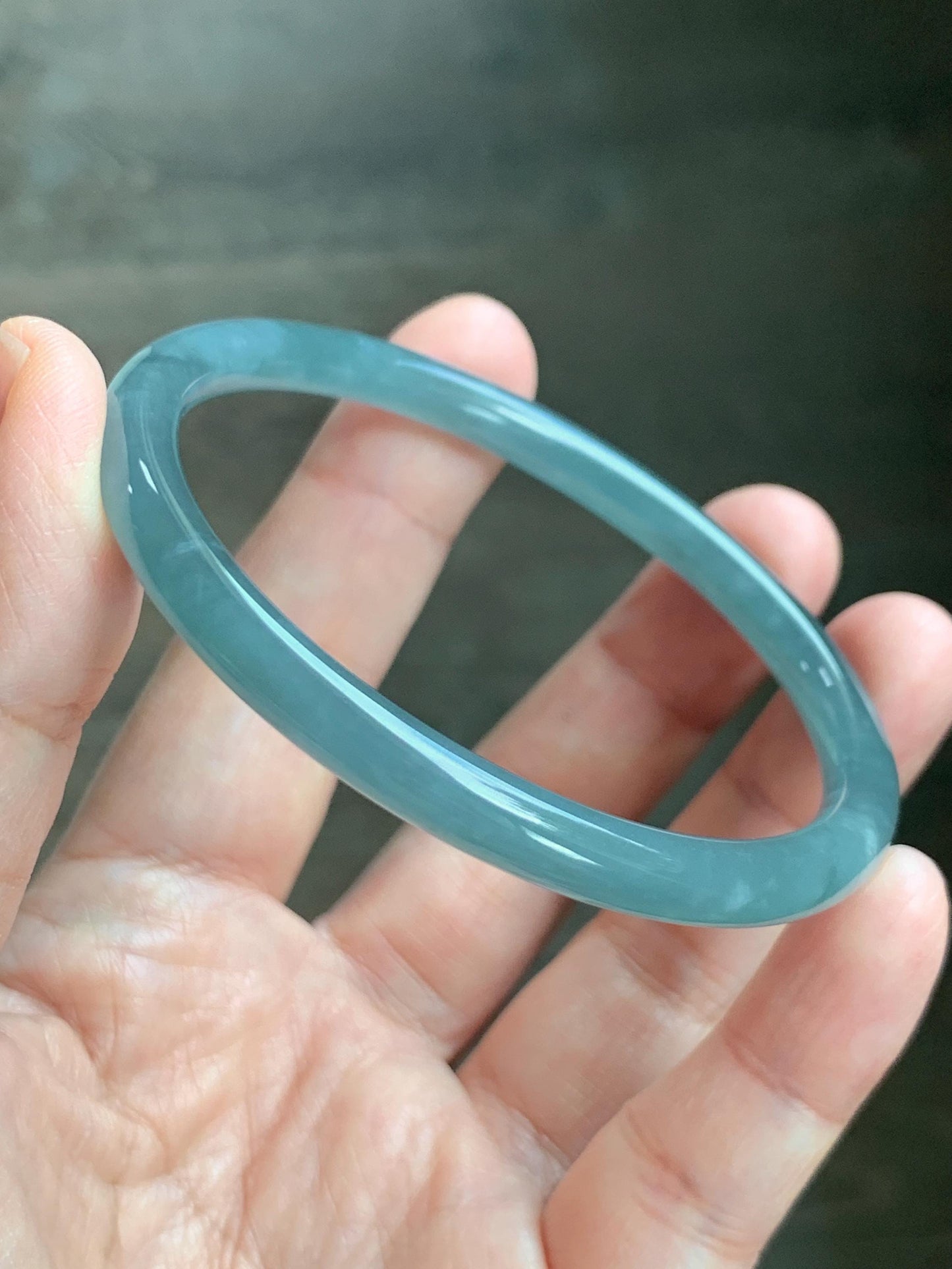 Certified Natural Grade A Guatemalan Icy Translucent Dusty Teal Blue Jade Jadeite Slim Bangle 60.07mm 7.42” 21g 天然冰胶危蓝绿翡翠细圆条手镯 1210