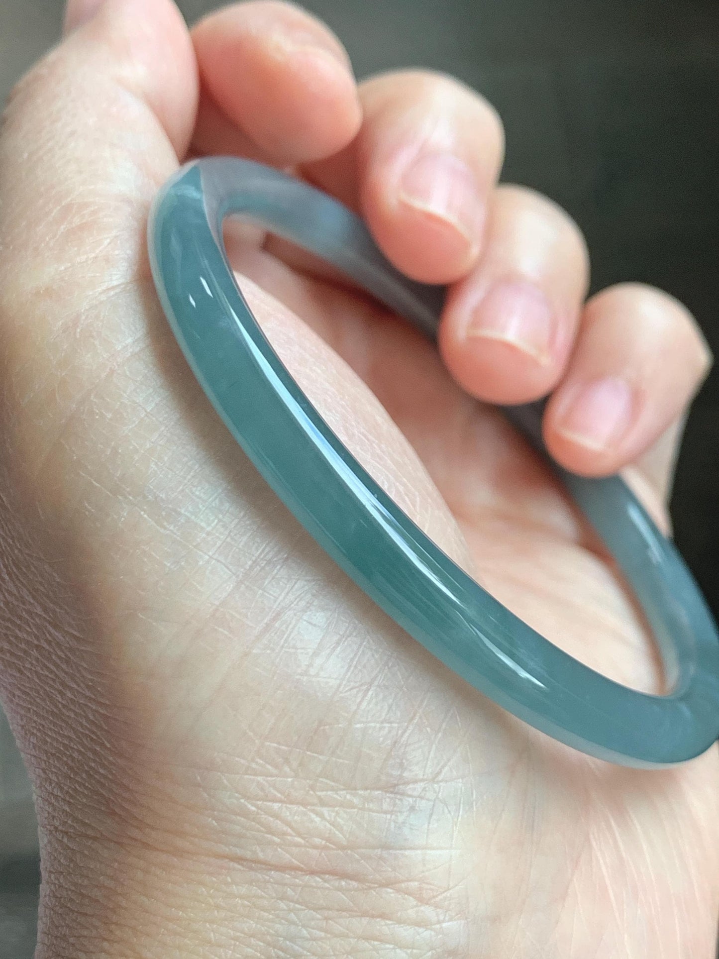 Certified Natural Grade A Guatemalan Icy Translucent Dusty Teal Blue Jade Jadeite Slim Bangle 60.07mm 7.42” 21g 天然冰胶危蓝绿翡翠细圆条手镯 1210
