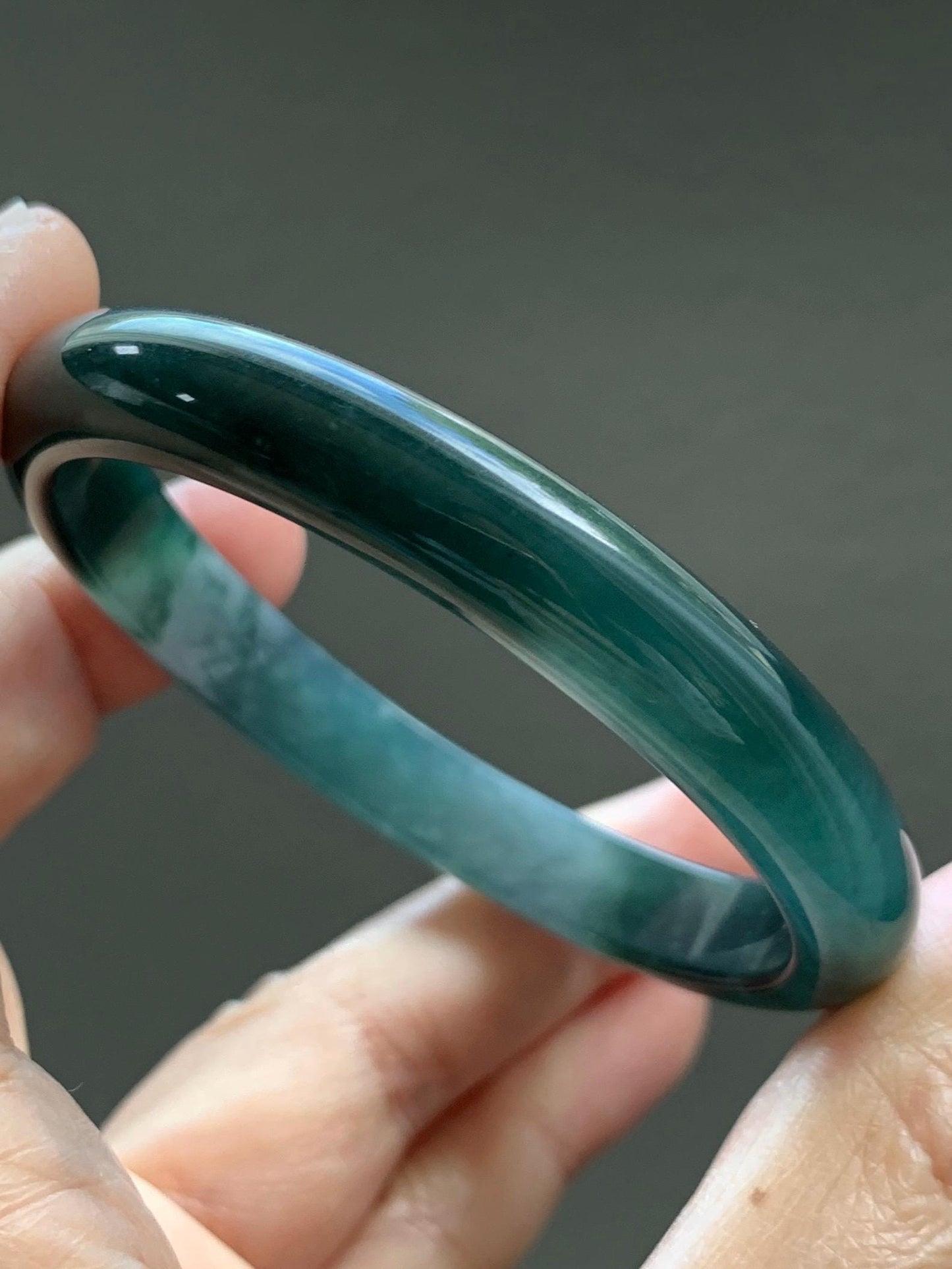 Certified Natural Grade A Guatemalan Icy Translucent Dark Teal Green Jade Jadeite Wide Bangle 56.63mm 7” 32g 天然冰危深蓝绿翡翠正圈宽版手镯 1189