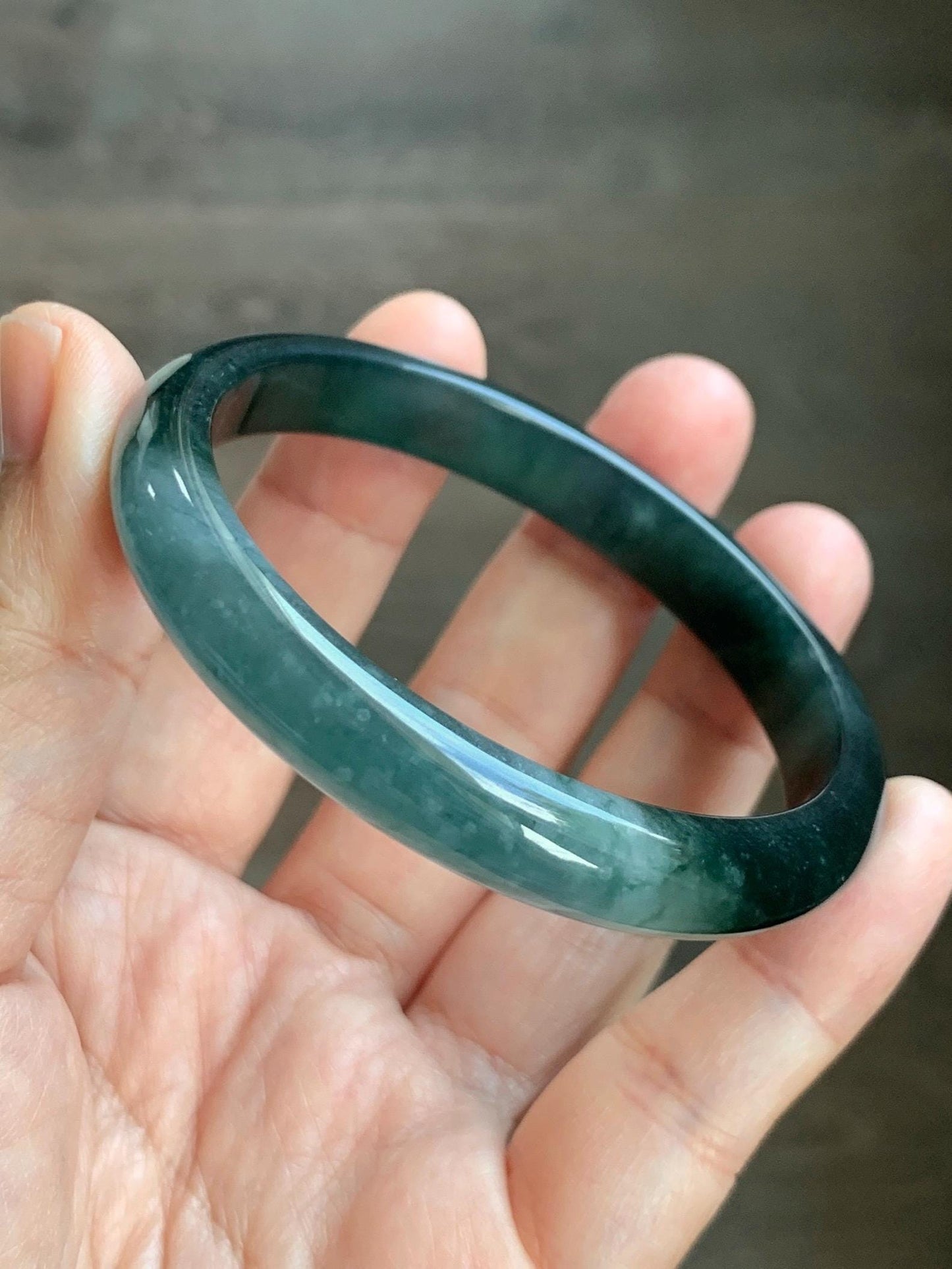 Certified Natural Grade A Guatemalan Icy Translucent Dark Teal Green Jade Jadeite Wide Bangle 56.63mm 7” 32g 天然冰危深蓝绿翡翠正圈宽版手镯 1189
