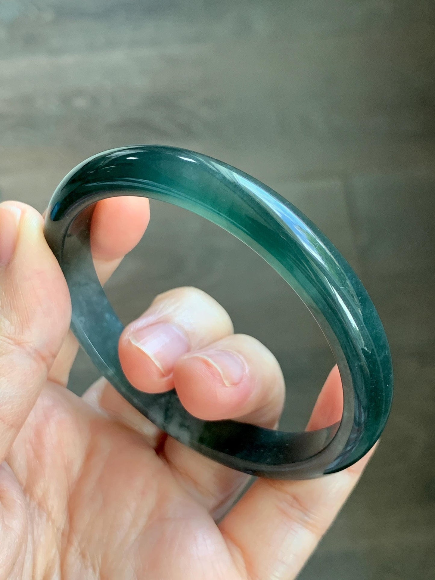 Certified Natural Grade A Guatemalan Icy Translucent Dark Teal Green Jade Jadeite Wide Bangle 56.63mm 7” 32g 天然冰危深蓝绿翡翠正圈宽版手镯 1189