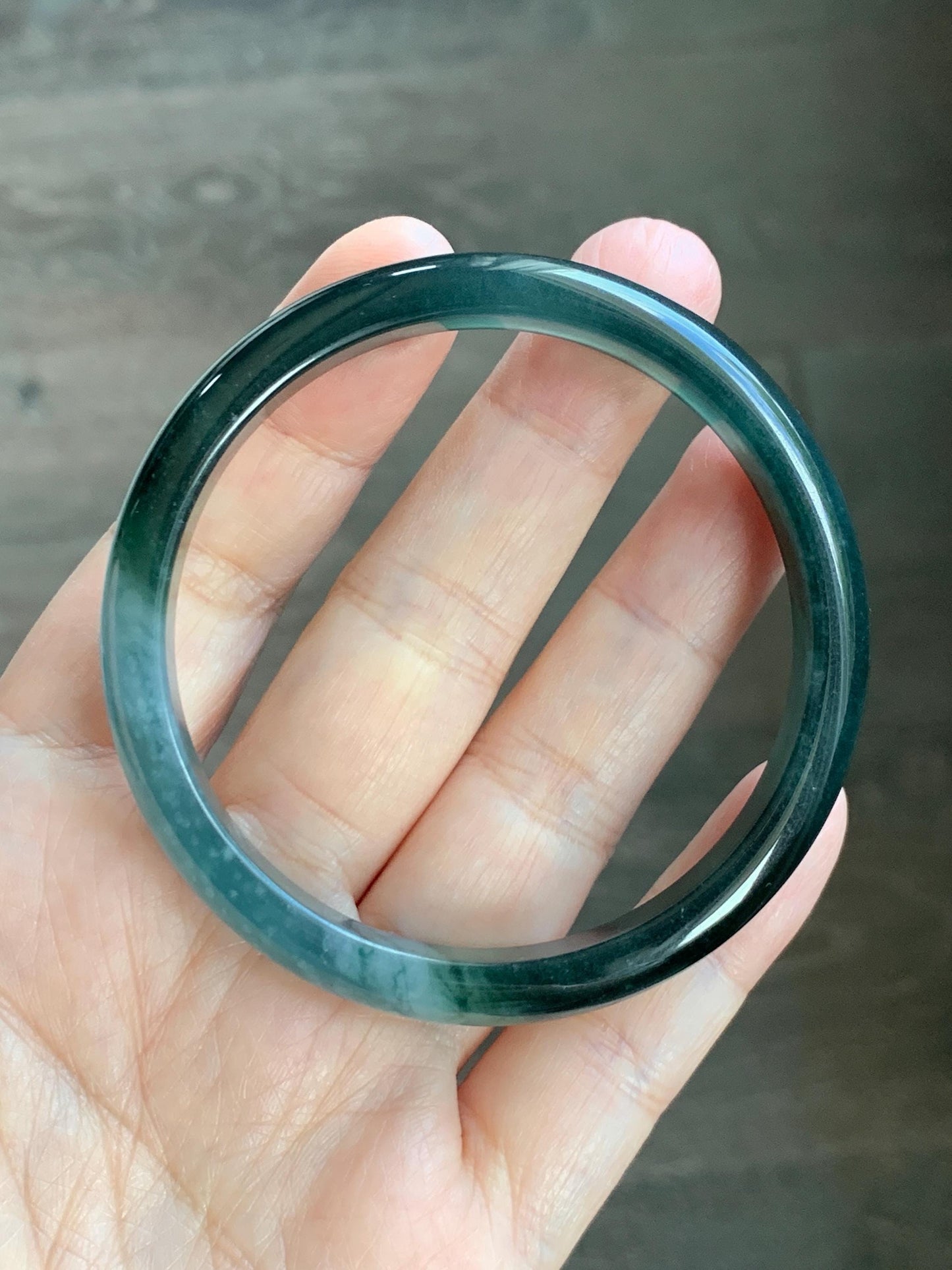 Certified Natural Grade A Guatemalan Icy Translucent Dark Teal Green Jade Jadeite Wide Bangle 56.63mm 7” 32g 天然冰危深蓝绿翡翠正圈宽版手镯 1189